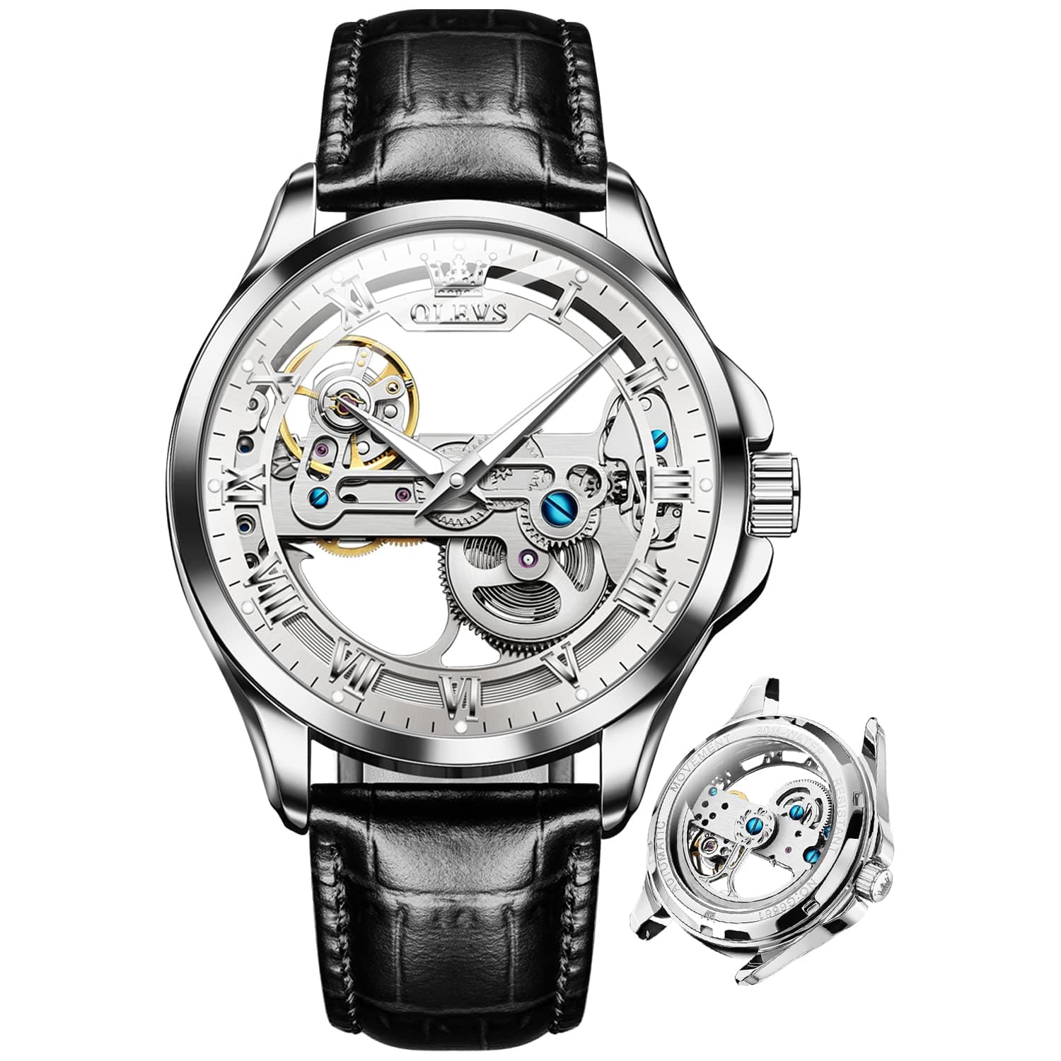 OLEVS Skeleton Watches for Men Automatic Self Winding Mechanical Luxury Dress Leather Waterproof Luminous Men Wrist Watch