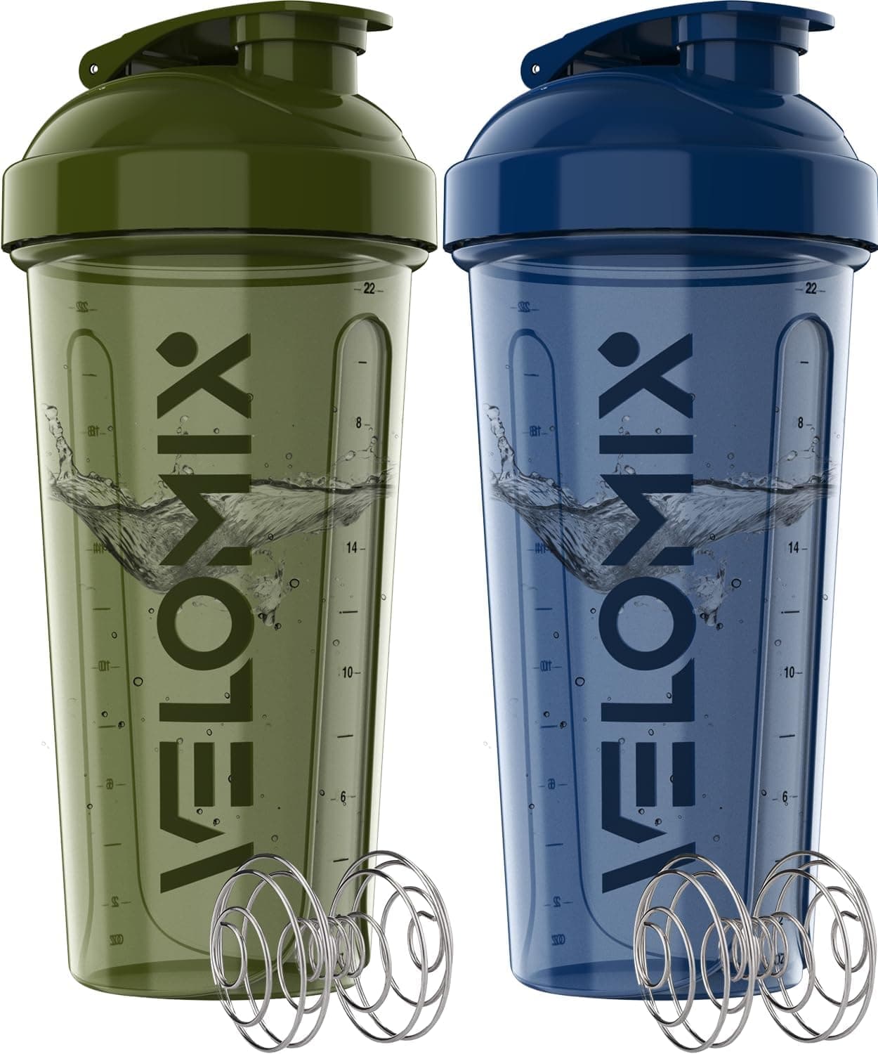 VELOMIX - 2 Pack - 28 oz Protein Shaker Bottles - Leak Proof - Gym & Office Use - 826.622 ml, Plastic, Transparent & Black, Blue / Clover Green