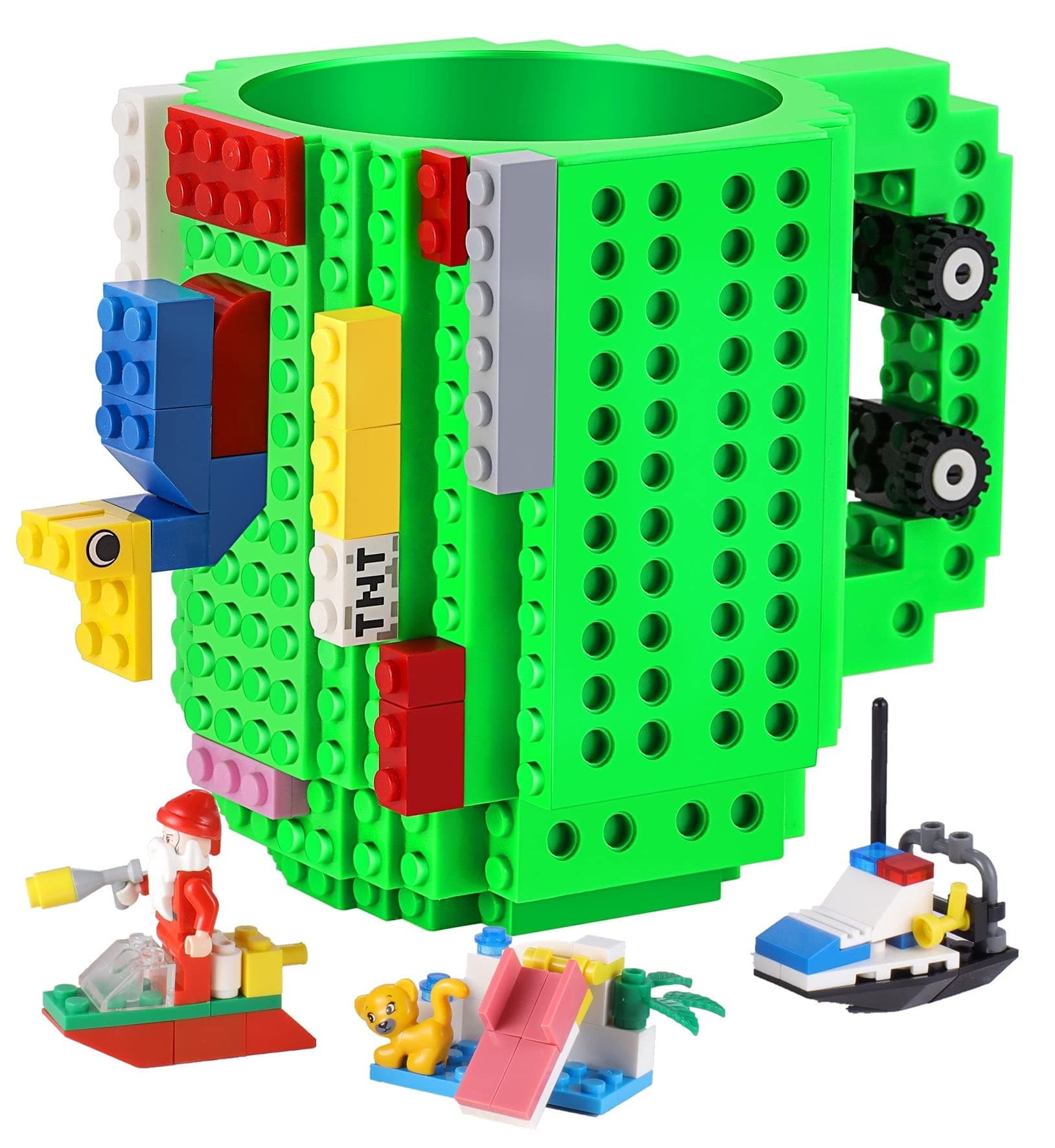 Build-on Brick Coffee Mugs,Creative DIY Cup with Building Blocks Randomly,Novelty Gifts for Kids Adults Birthday Xmas,Green