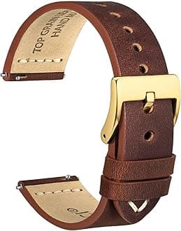 WOCCI 20mm Old-fashioned Watch Band for Men, Top Grain Leather, Golden Polished Buckle (Pecan Brown)