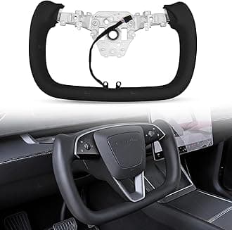 Model Y Juniper Yoke Steering Wheel 2026 2025, Nappa Leather Steering Wheel for Tesla Model Y Juniper 2026 Accessories With Heating Function No Front Trim(Black Perforated, Glossy Carbon Fiber)