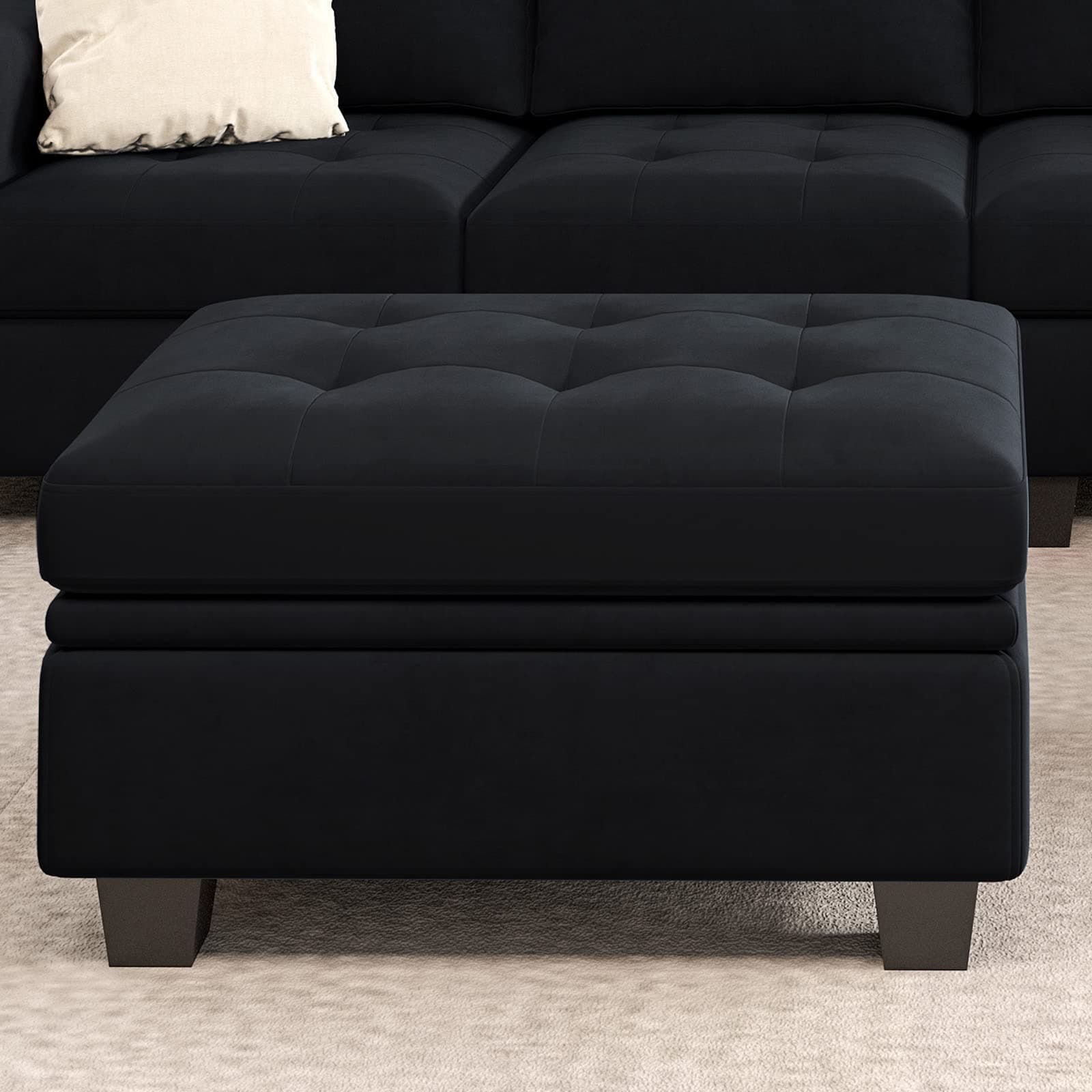 Belffin Rectangular Velvet Ottoman with Storage, Tufted Design, Black