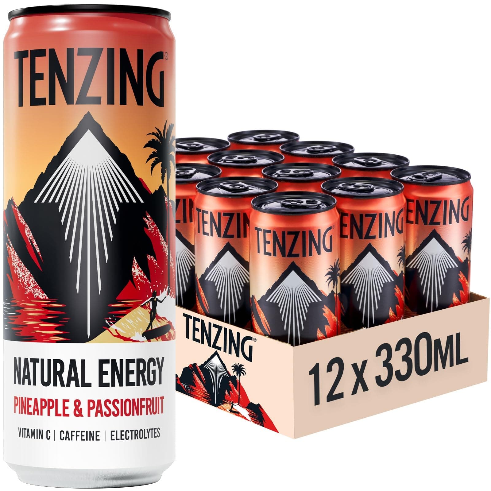 TENZING Natural Energy Drink, Plant Based, Vegan, & Gluten Free Drink, Pineapple & Passionfruit, 330ml (Pack of 12) - Packaging may vary