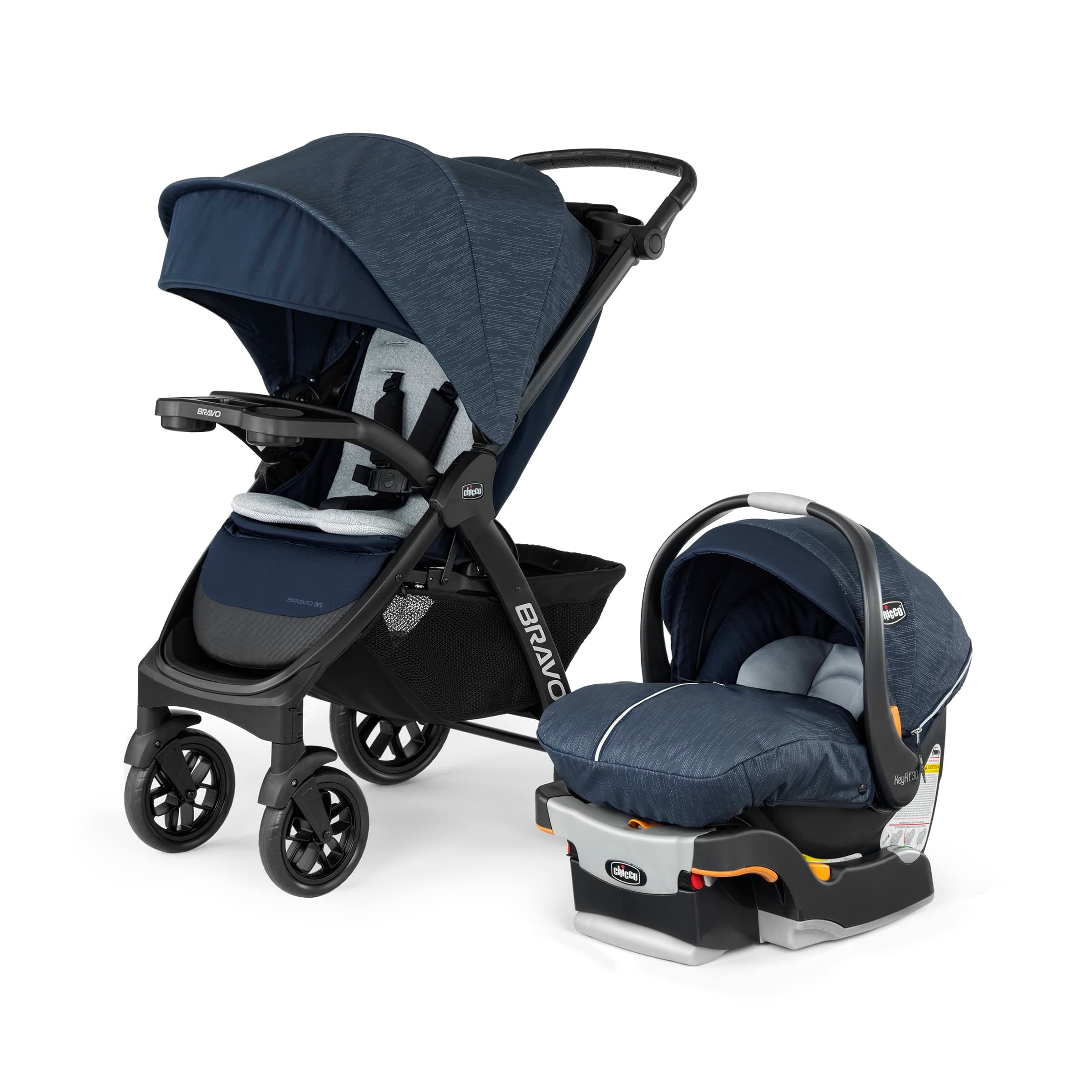 Chicco Bravo LE 3-in-1 Trio Travel System, Bravo LE Quick-Fold Stroller with KeyFit 30 Zip Infant Car Seat and Base, Harbor/Navy
