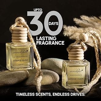 Aromahpure Premium Car Perfume Hanging Pod |10 ML |Oudh Fragrance Car Air Freshener |Natural Essential Fragrance Oils in Glass Bottle with Wooden Diffuser Lid |Long Lasting upto 60 days (Pack of 3)