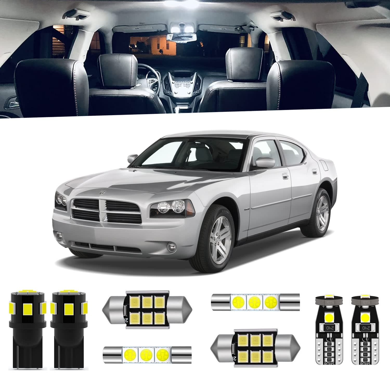 10-Pieces Charger Interior LED Light Kit Package for Dodge Charger 2006 2007 2008 2009 2010 White 6000K LED Interior Lighting Package + License Plate Lights, Install Tool