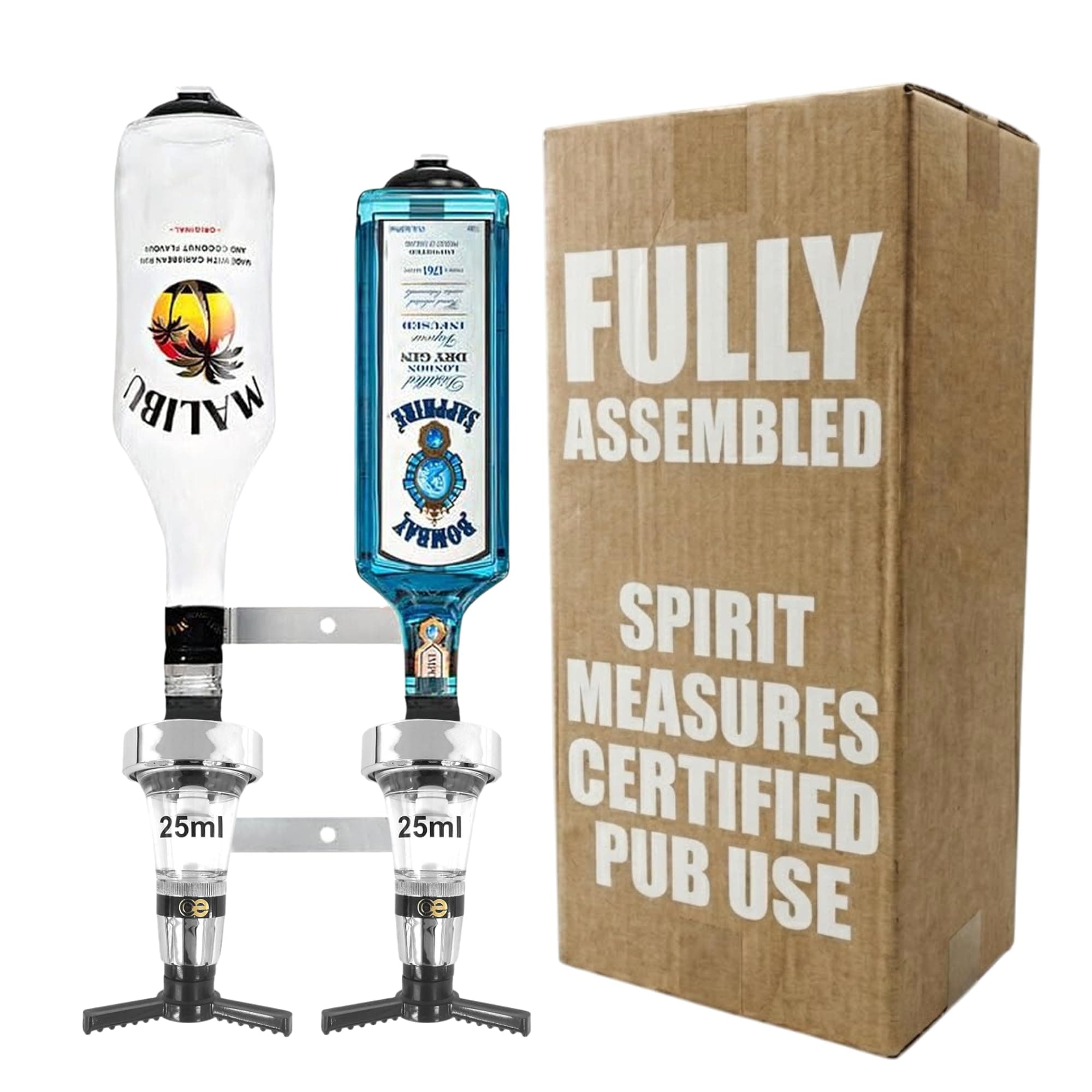 Chabrias Ltd Traditional 2 Bottle Wall Bar Rail + 25ml Chrome Optics UK Made, Fully Assembled Metal Bracket & Pub Trade Compliant Traditional Spirit Optic, Fits 70cl–1.5L Bottles