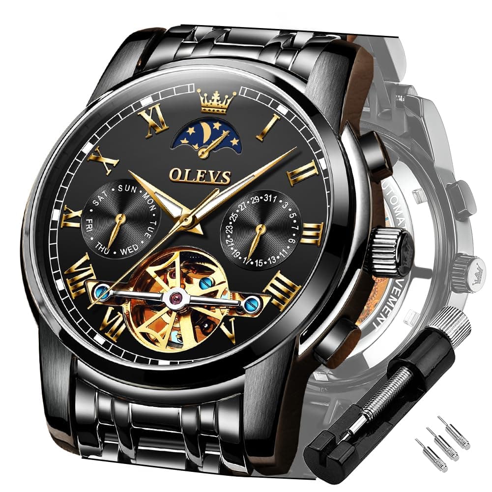 Men Automatic Watch Skeleton 5 Hands Mechanical Classic Luxury Multi Calendar Stainless Steel Waterproof Wrist Watch for Men