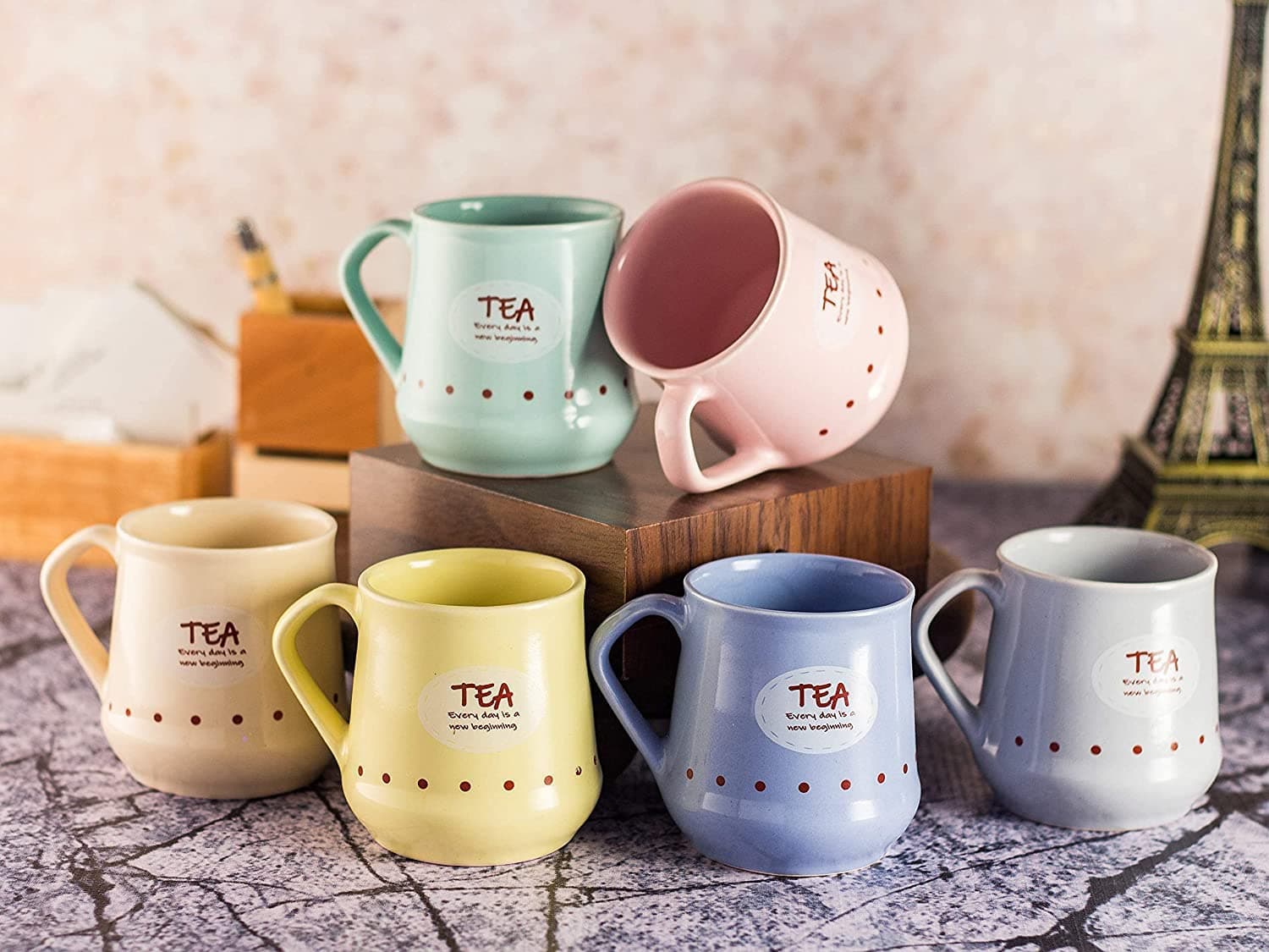 KIE Tea Printed Beautiful Handcrafted Ceramic Tea Cups Set of 6 Ceramic Cups Coffee Mugs Tea Set (170 ML, Microwave Safe, Dishwasher Safe) Tea Print