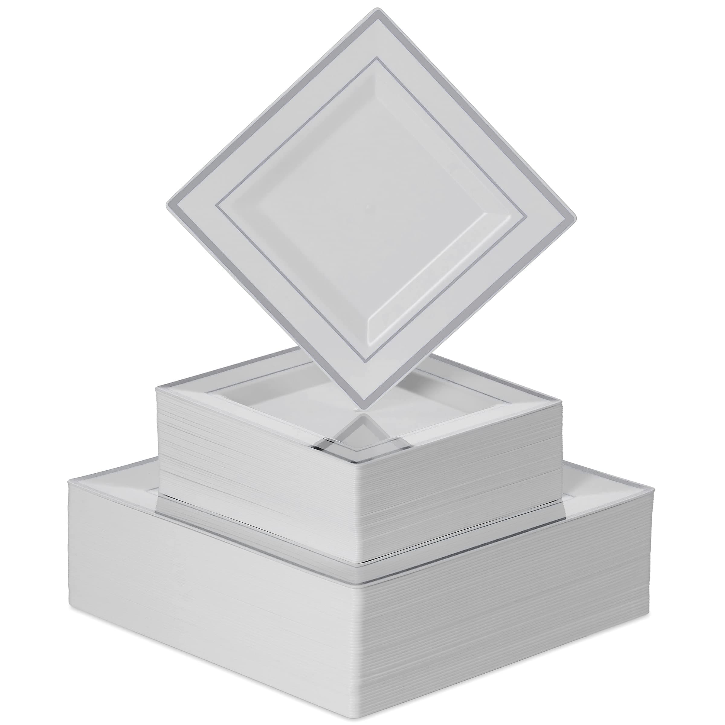 BloominGoodsDisposable Plastic White Square Plates, 100-Pack 6.5 & 10 In. Combo Premium Heavy Duty Silver Rim Square Plastic Plates, Ideal For Wedding, Party, Event Or Catering