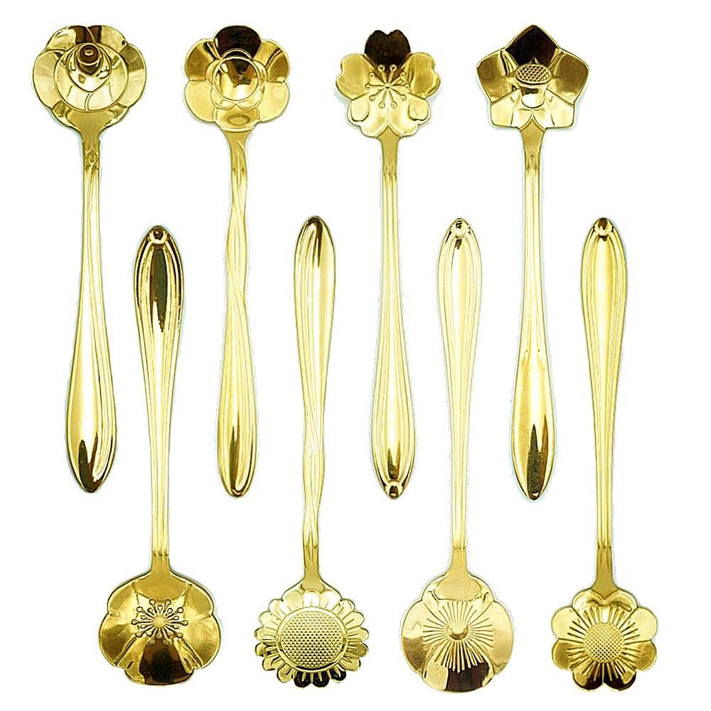 Stainless Steel Tableware Creative Flower Coffee Spoon, Stirring Spoon, Sugar Spoon, Mixing Spoon, Tea Spoon, Ice Cream Spoon, 8 Different Patterns in 1 Set, Color Golden