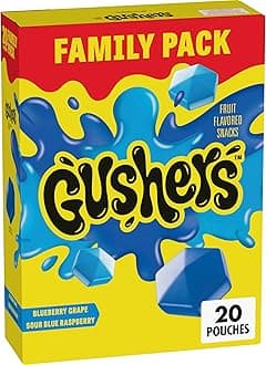 Gushers Fruit Flavored Snacks, Blueberry Grape, Sour Blue Raspberry, 20 Pouches, Family Pack, 16 oz