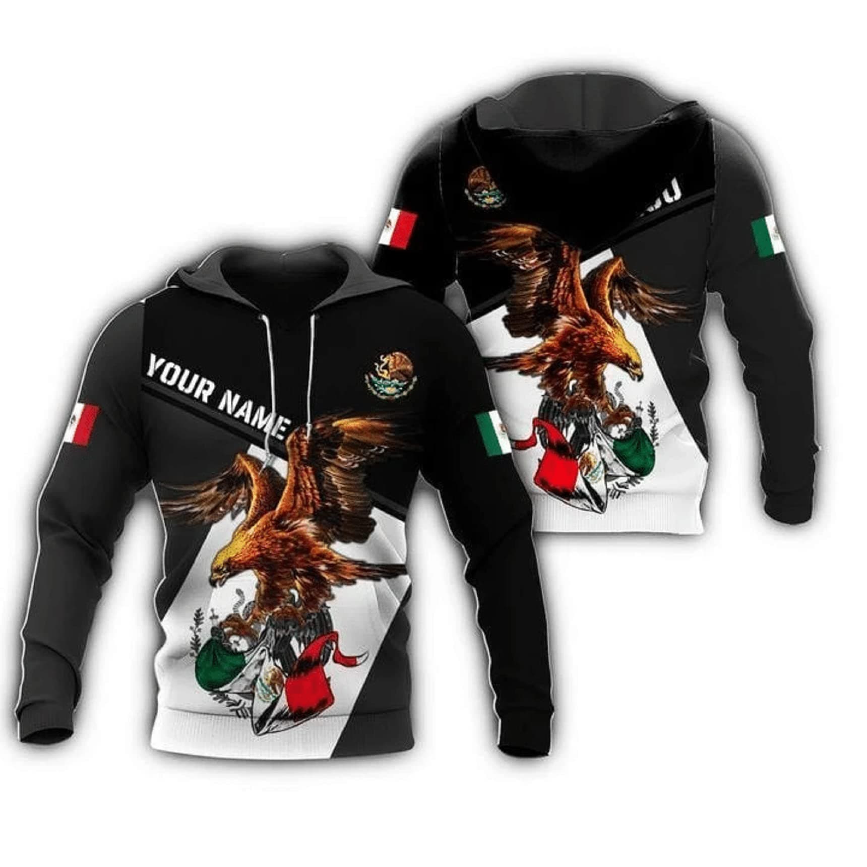 Lunir Personalized Name Black & White Eagle Mexico 3D All Over Printed Unisex Classic T-Shirts, Sweatshirt, Hoodie and Zip Hoodie, Gift for Men and Women, Family, 15