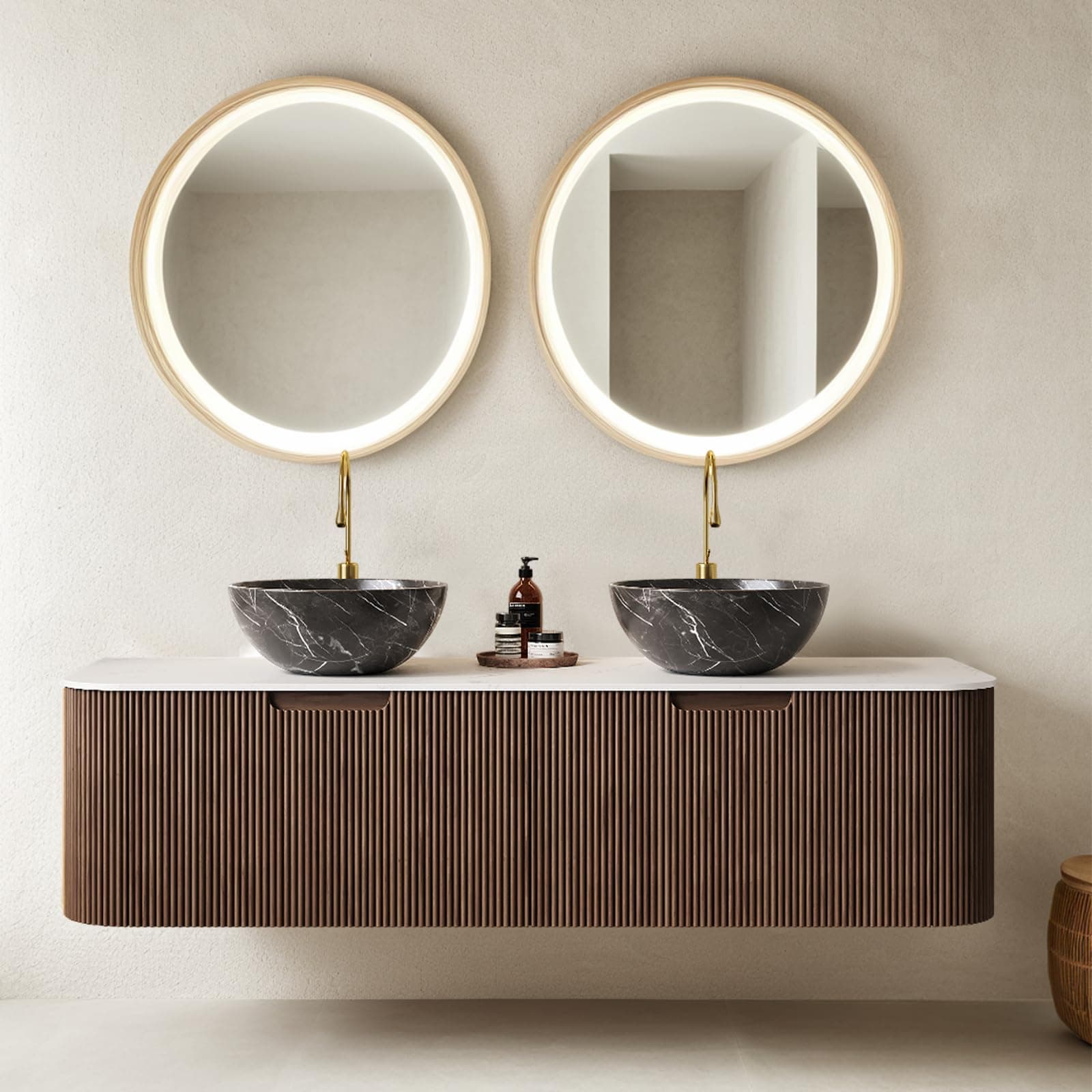 60" Floating Bathroom Vanity with Sink, Wall-Mount Cabinet with 2 Large Storage Drawer, 2 Black Bowl Ceramic Basins and Marble Top, Soft-Close Design, Dark Walnut