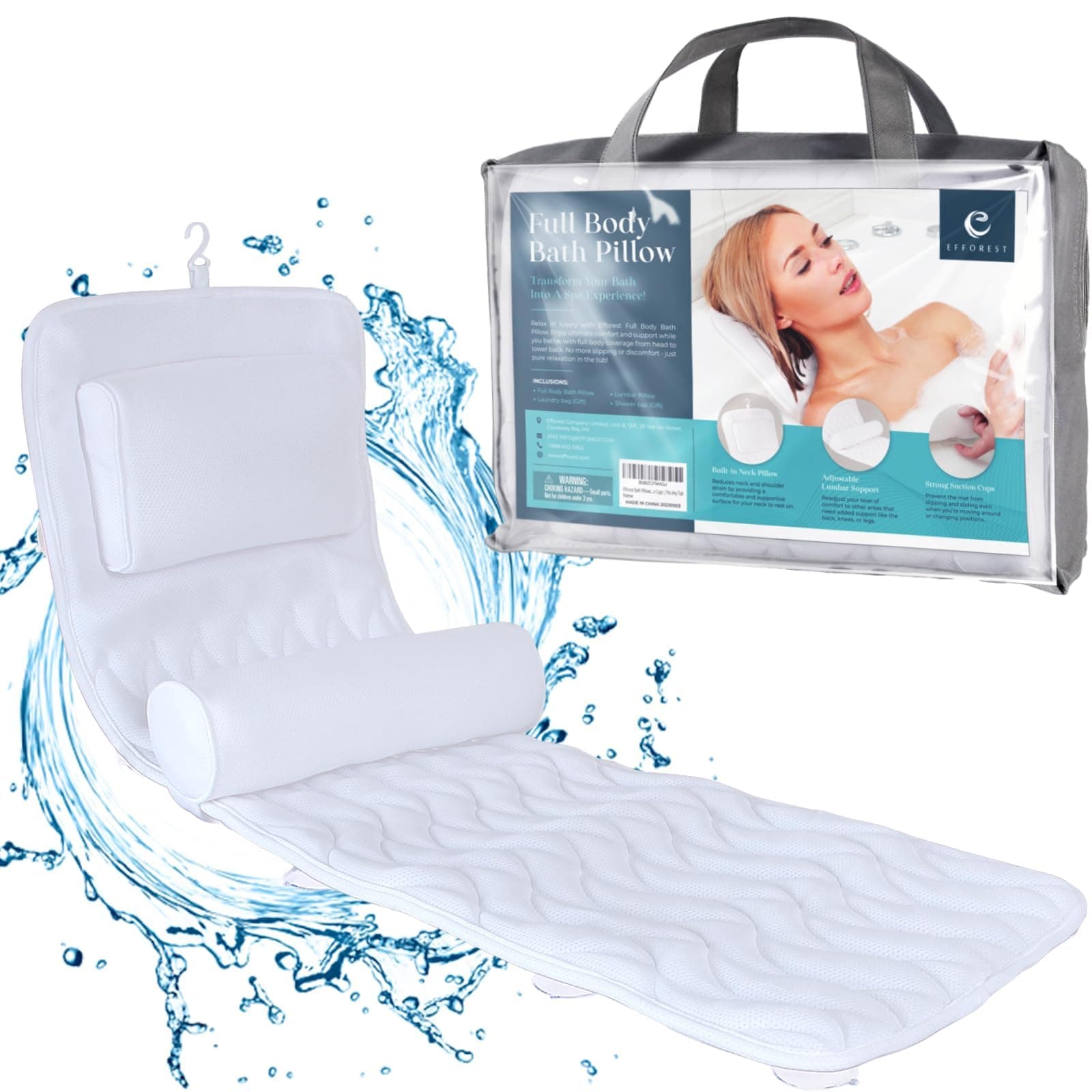 Efforest Bath Pillows for Tub Neck and Back Support | Full Body Bath Pillow with Headrest | Bath Cushion Lumber Pillow for Shower | Spa Bathtub Pillow with Non-Slip Suction Cups | Fits Any Tub