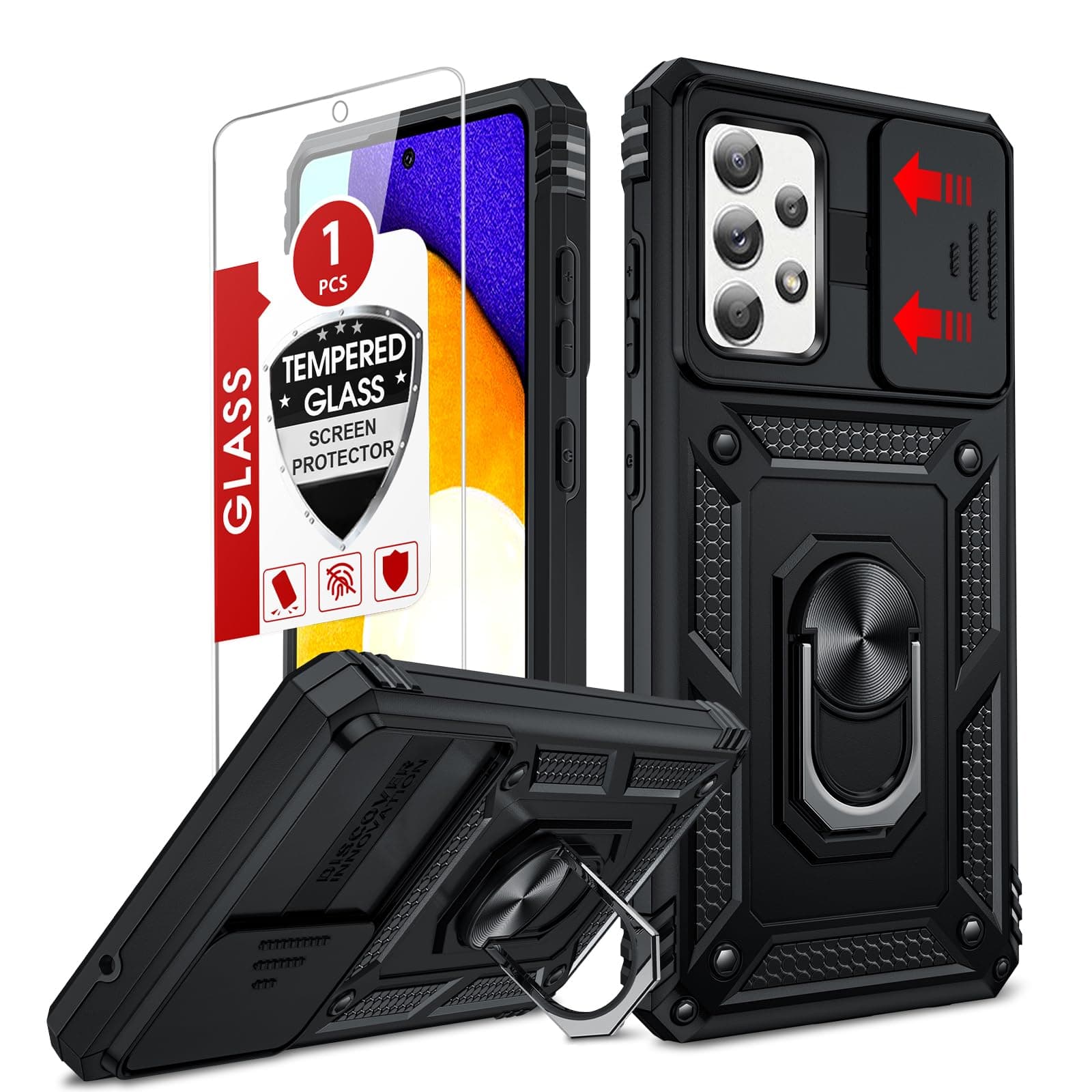 LeYi for Samsung Galaxy A52-5G Phone Case: Samsung A52 Phone Case with Screen Protector [Tempered Glass], Rugged Dustproof Camera Cover and Magnetic Metal Stand Forro Funda para A 52 for Men, Black