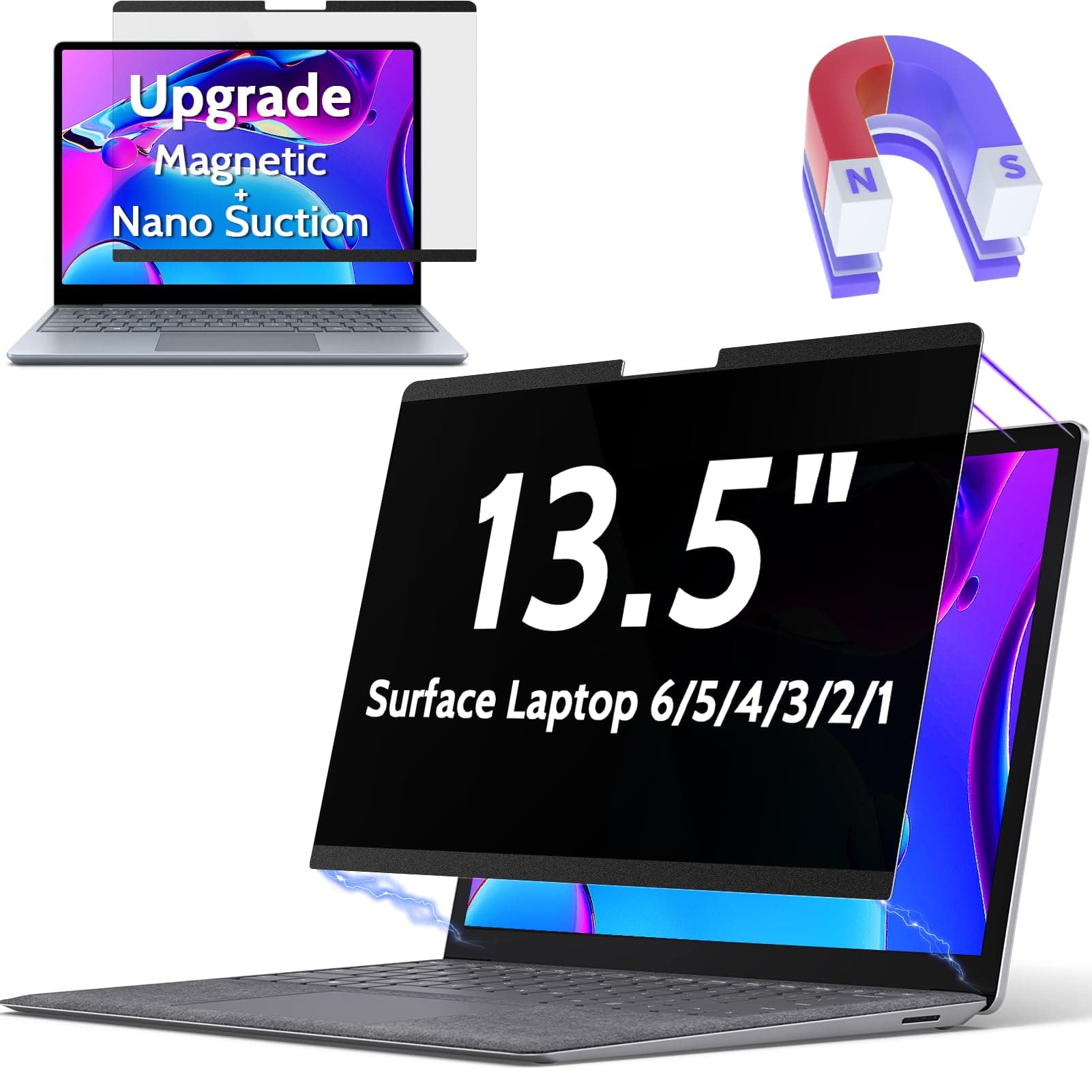 Magnetic Privacy Screen for Surface Laptop 6/5/4/3/2/1 13.5 Inch, Removable Anti Blue Light Glare Filter, Black Security Private Apy Block Protector