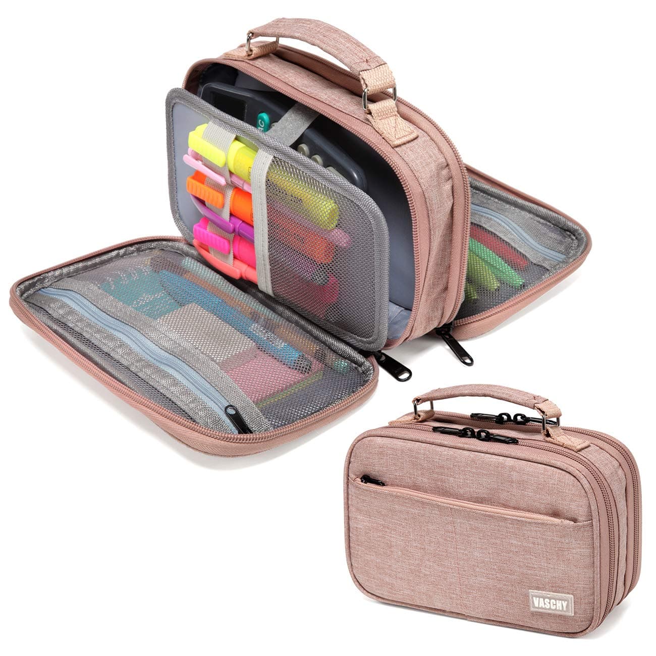 VASCHY Pencil Case, Large Pencil Pouch with Compartments for Middle School,Work,Office Pen Organizer Holder School Supply Pink