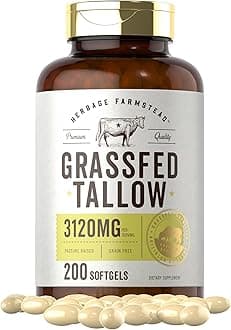Grass Fed Beef Tallow 3120mg | 200 Softgel Capsules | Pasture Raised Bovine Supplement | Non-GMO, Gluten Free | by Herbage Farmstead