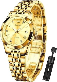 – Womens Watch Fashion Dress Diamond Female Watches for Ladies Analog Quartz Stainless Steel Waterproof Luminous Day Date Two Tone Wristwatch