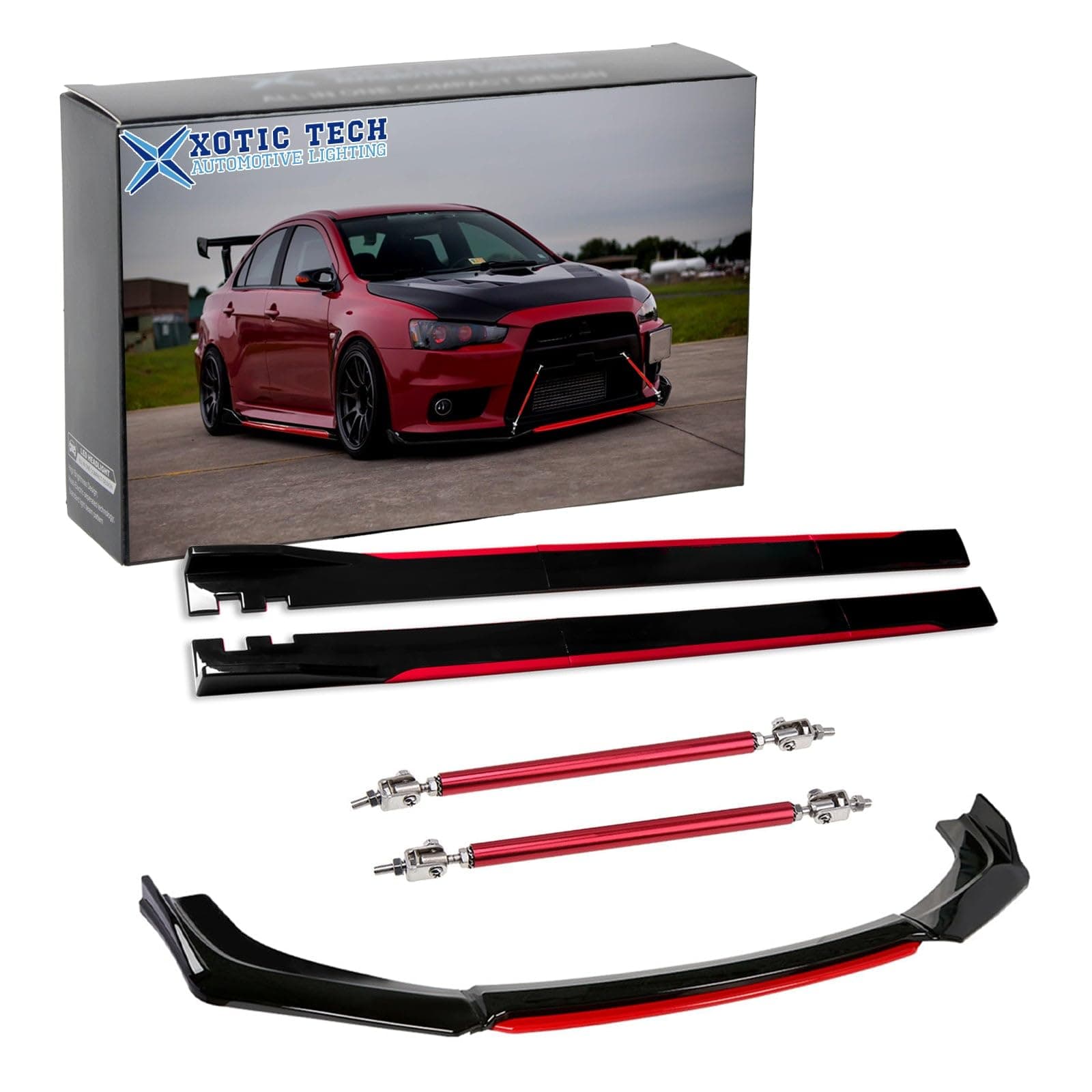 x xotic tech Front Bumper Lip Chin Spoiler+ 2M Side Skirt Winglets Diffusers+ Adjustable 10"-13" Support Rod Universal Fit Most Vehicles, Glossy Black w/Red