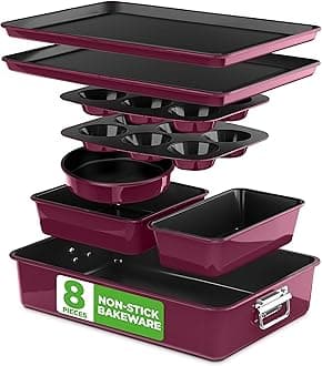 8-Piece Nonstick Stackable Bakeware Set - PFOA, PFOS, PTFE Free Baking Tray Set w/ Non-Stick Coating, 450°F Oven Safe, Round Cake, Loaf, Muffin, Wide/Square Pans, Cookie Sheet (Plum)
