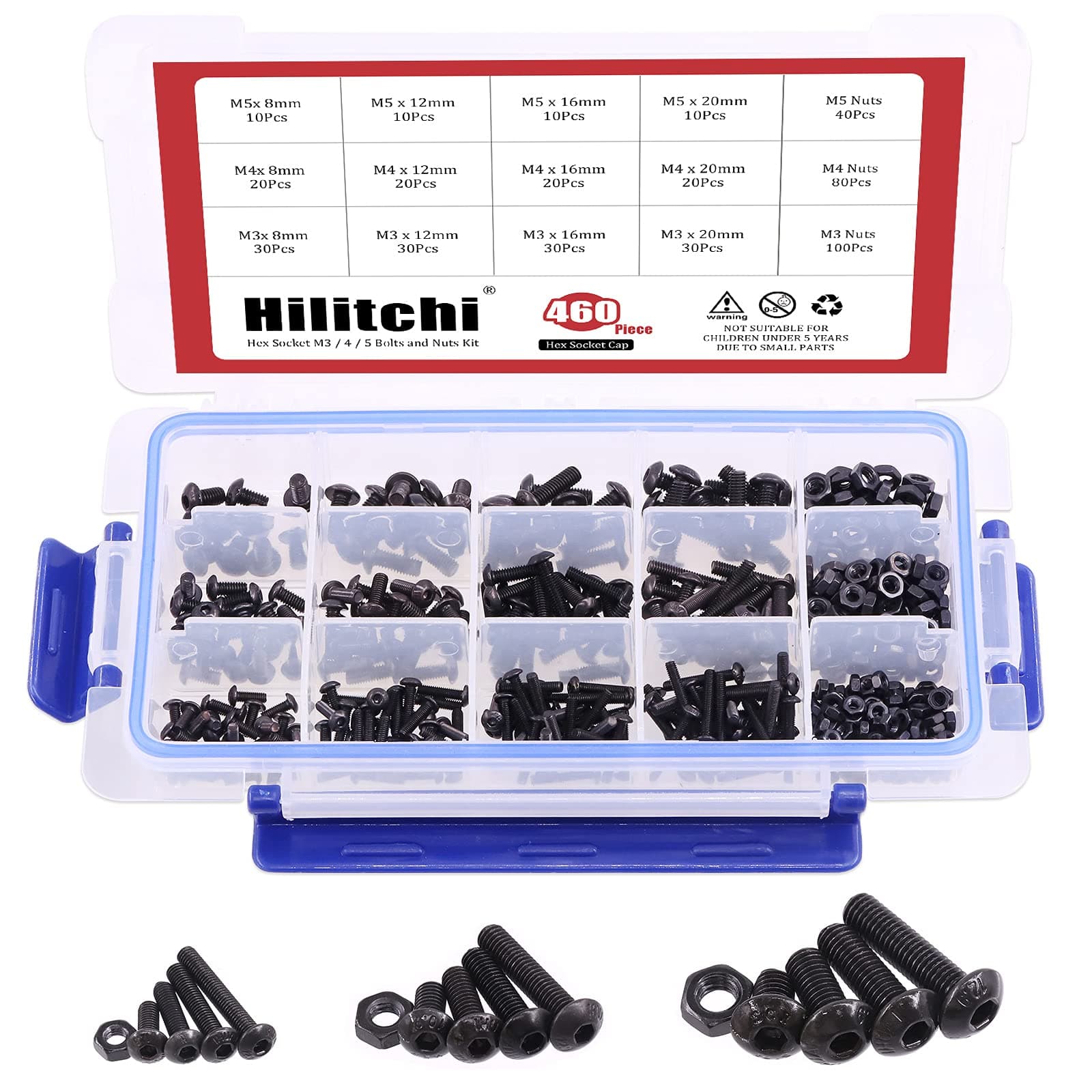 Hilitchi 460-Pcs M3 M4 M5 Button Head Hex Socket Head Cap Bolts Screws Nuts Assortment Kit - 12.9 Grade Alloy Steel