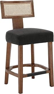 26’’ Rattan Barstools with Back Counter Height Bar Stools Set of 1, Modern Farmhouse Charcoal Linen Upholstered Wicker Counter Stools, Woven Boho Bar Height Stools with Natural Wood Frame