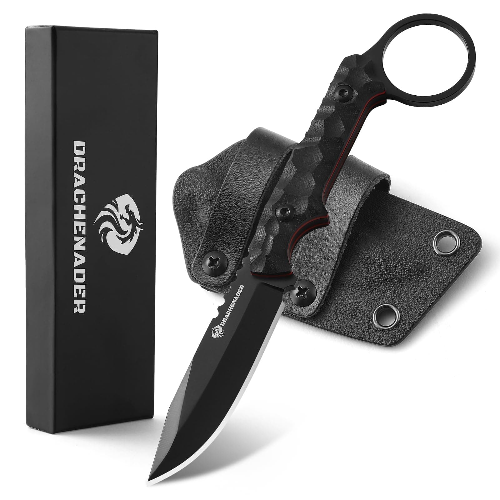 DRACHENADER EDC Fixed Blade Knife with Sheath 7.08" Small Horizontal Carry Knifes with Kydex Sheath, Full Tang 5Cr13MoV Stainless Steel, Black, Neck Knife, Men Gifts