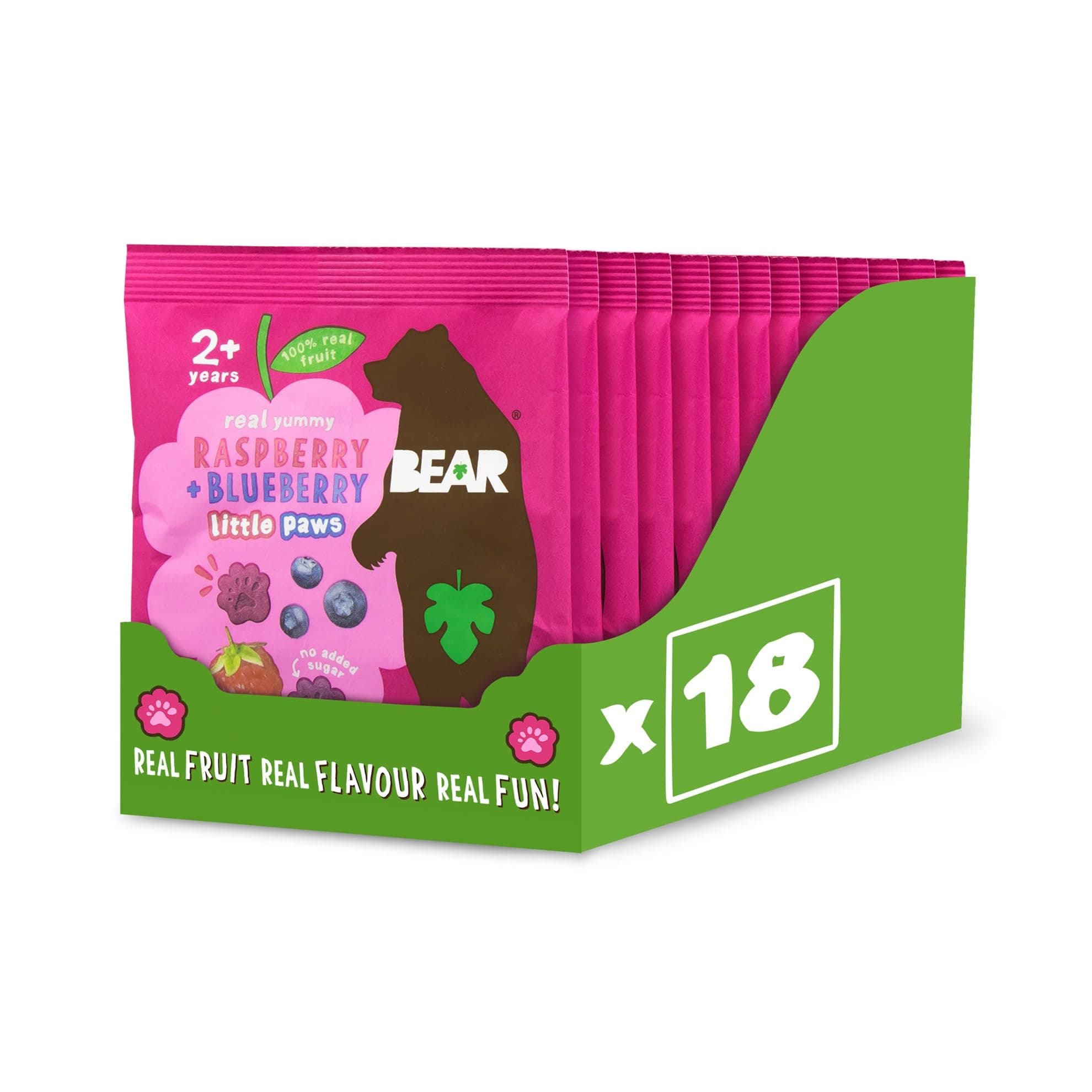 BEAR Fruit Paws Raspberry & Blueberry (Pack of 18) – 100% Fruit, No Added Sugar, Ideal lunchbox snack for kids or On‑the‑Go