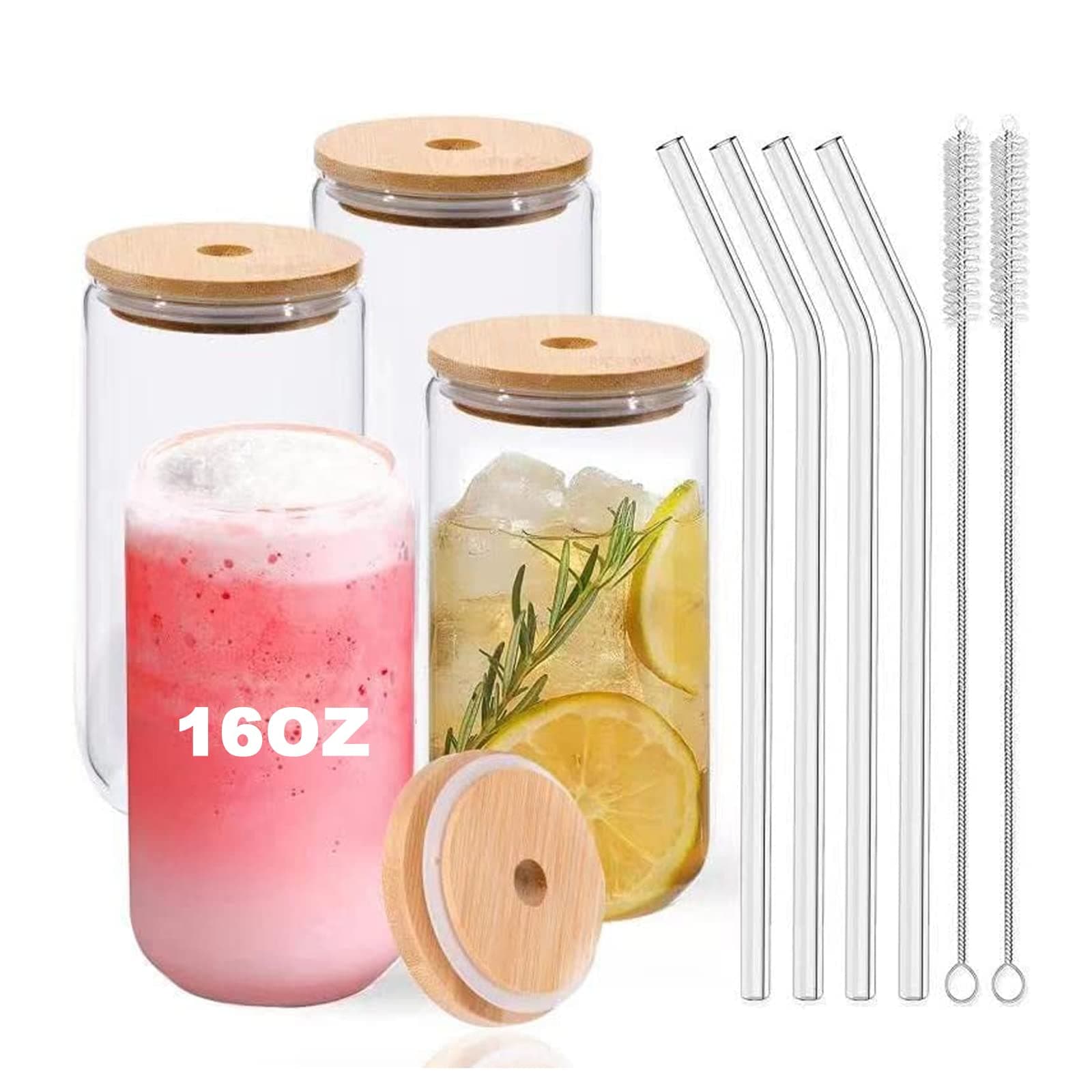 [ 4-Pack, 480ml] Design•Master Premium Glass Cup with Bamboo Lids and Glass Straws, Can Shaped Beer Glasses, Perfect for Beer, Cocktail, Iced Coffee, Iced Tea and Soda.