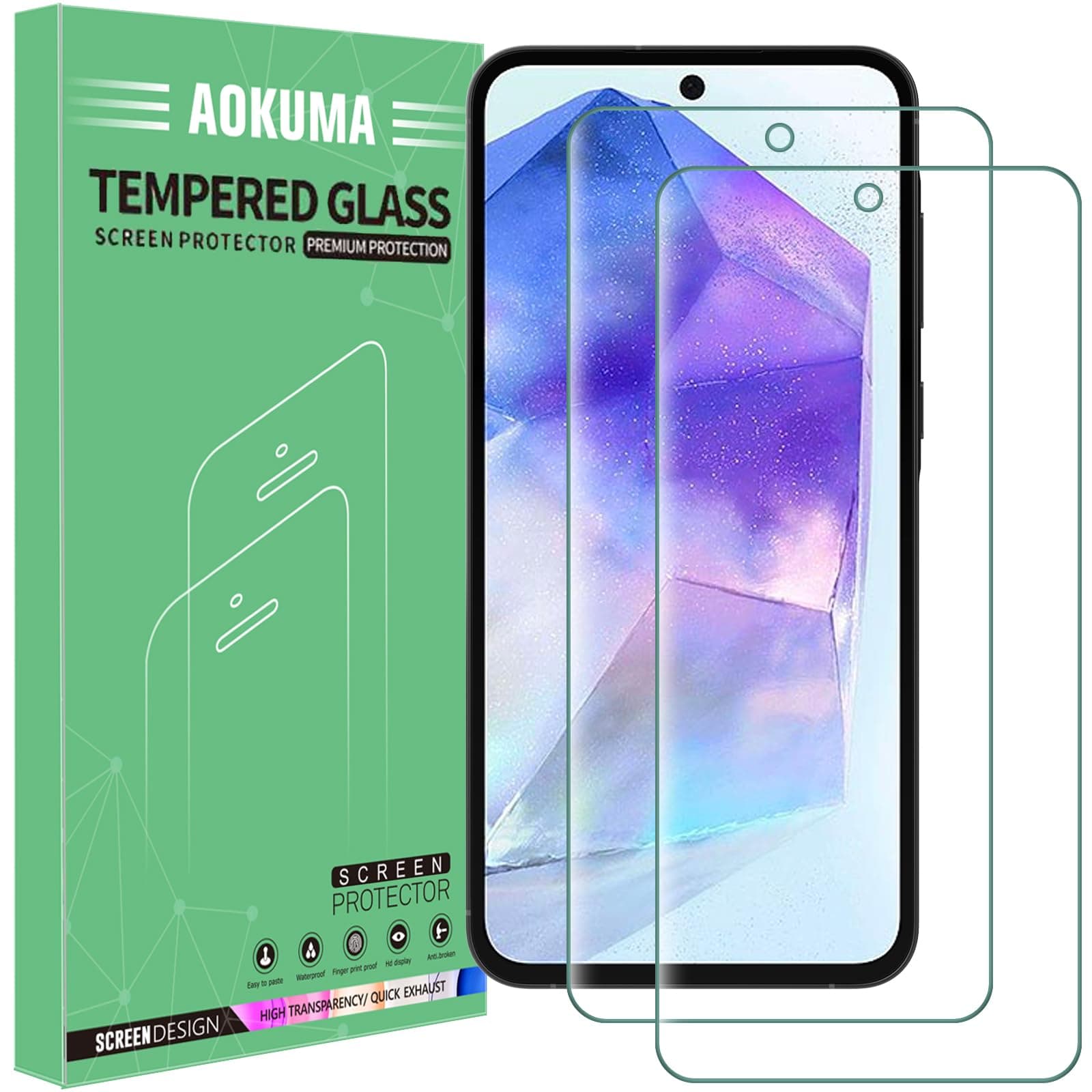 AOKUMA [2 Pack for Samsung Galaxy A55/A35 5G, Screen Protector Tempered Glass, Premium Quality Guard Film, Case Friendly, Shatterproof, Shockproof, Scratchproof, Oilproof
