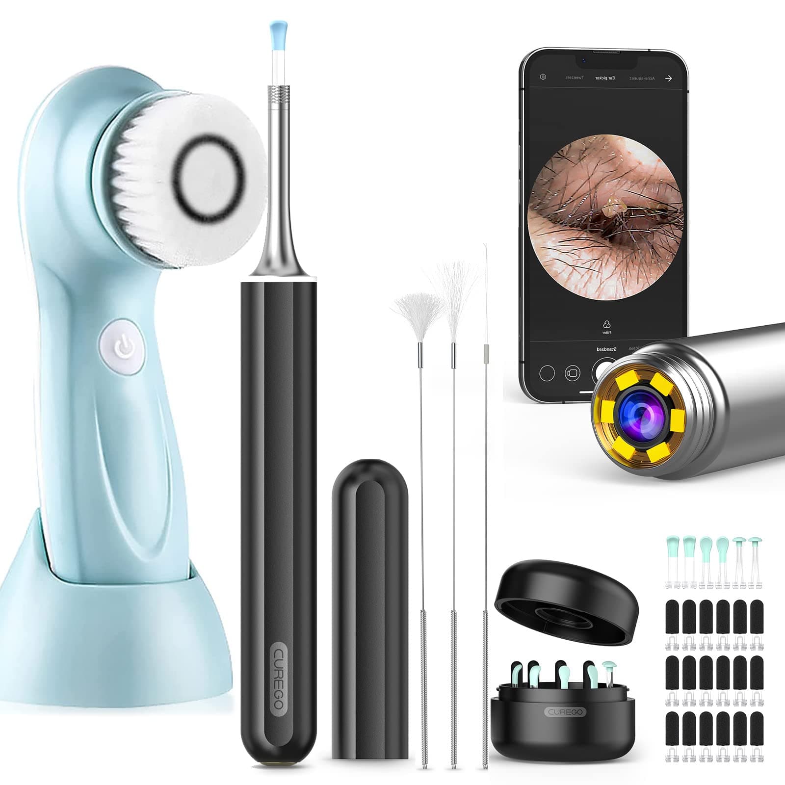 Ear Wax Removal Kit, Ear Cleaner with 1080p HD Camera and 6 Cool White LED Lights Wireless 1080p HD Ear Otoscope with Facial Cleansing Brush for iOS & Android(Black)