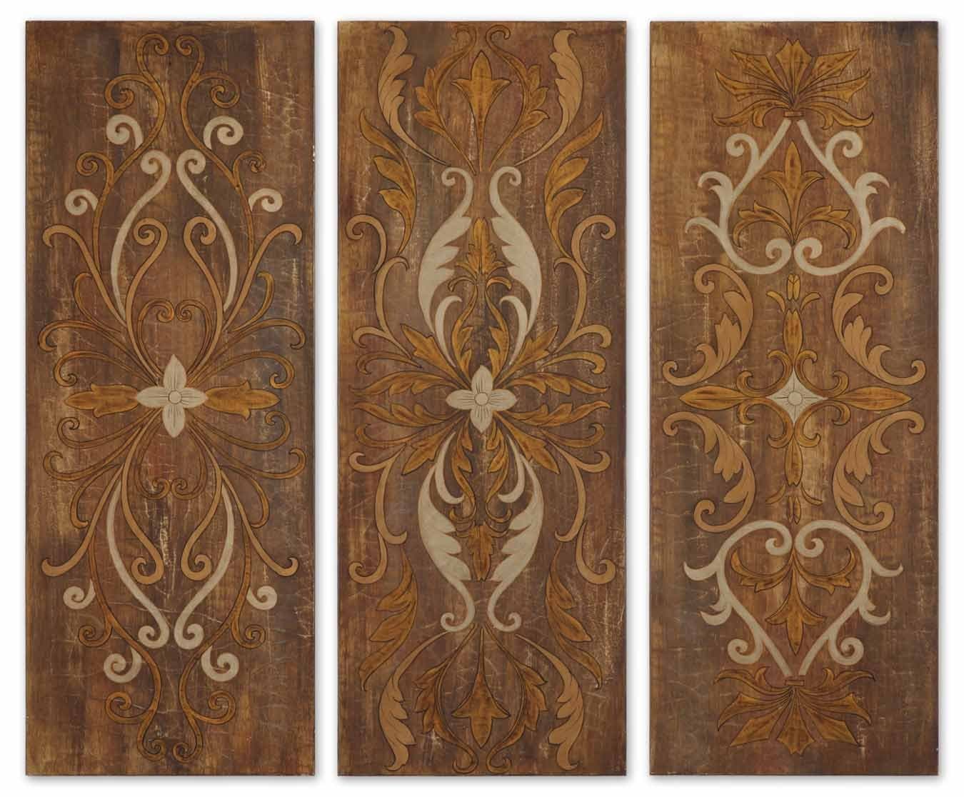 Uttermost Elegant Swirl Panels Set/3 with Crackled Canvas On Hardback Board-Antique Glaze