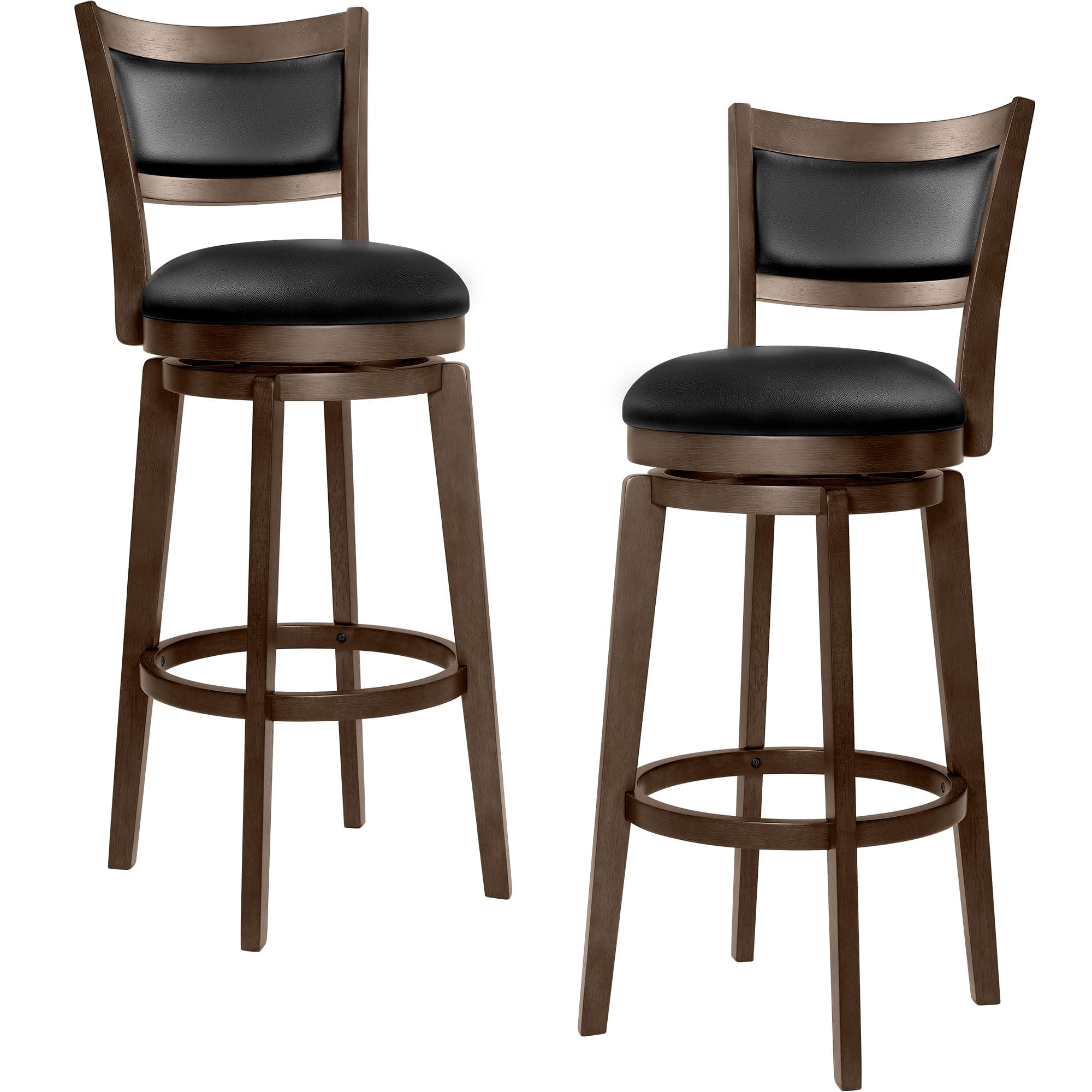 32" Tall Bar Height Stools Set of 2 - High Back Swivel Barstools with Black Faux Leather Upholstered Seat & Solid Wood Footrest, Counter Bar Stool for Kitchen Island & Pub