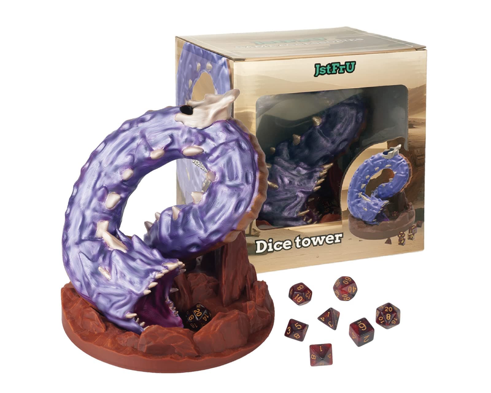 Purple Worm Dice Tower (with 7pcs Dice) for TRPG -DND COC D&D -Dungeons and Dragons Hand Painted Color Tabletop Role Playing Game Rolling Tower with Tray