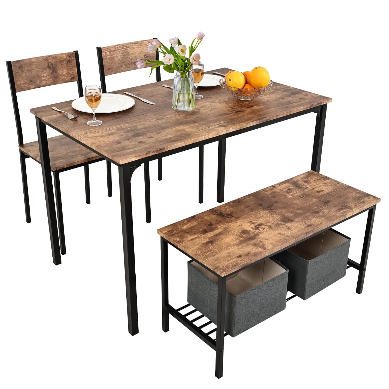 Dining Table and 2 Chairs with Bench, Dining Table and Chairs Set 4 Piece Dining Room Set, Chair and Bench Set for Restaurant Kitchen Home Bistro Garden, Brown