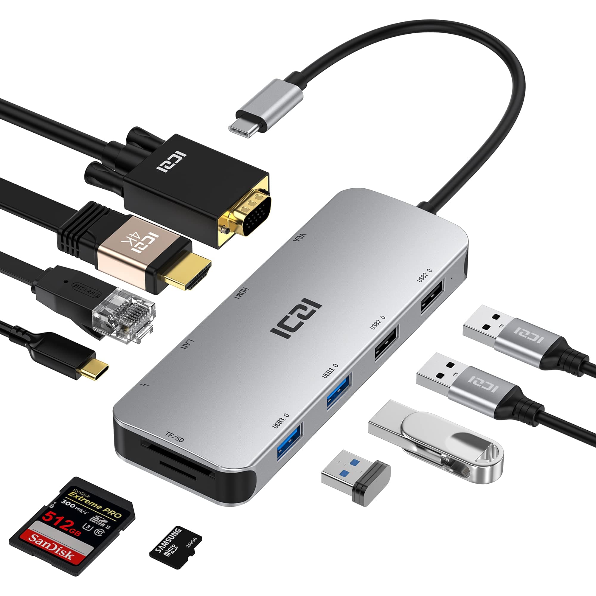 ICZI USB C Docking Station, USB C Hub 10-IN-1 Space Gray 4K HDMI VGA 100W PD Charging, 2 USB-A 3.0 5Gbps 2 USB-A 2.0 Data Ports MicroSD TF Card Reader for MacBook Air/Pro, iPad Pro/iPad Air, XPS, Envy