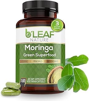 B'Leaf Nature Moringa Capsules Organic 1000mg — Pure Moringa Oleifera Leaf Powder Capsules for Energy & Immune Support | Non-GMO Gluten Free Vegan Superfood | 180 Veggie Capsules
