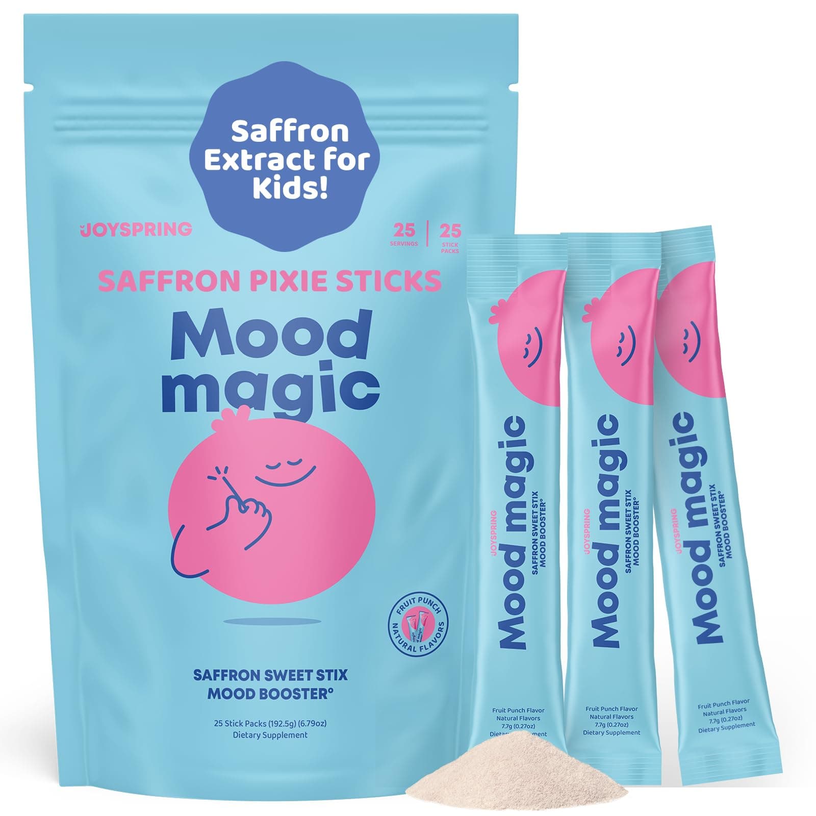 - JoySpring Mood Magic for Kids – Natural Mood Support Pixie Sticks Candy with Saffron Extract, Magnesium Citrate & Vitamin D3 | Sugar-Free Powder Drink or Candy | 25 Servings | 4+ Years