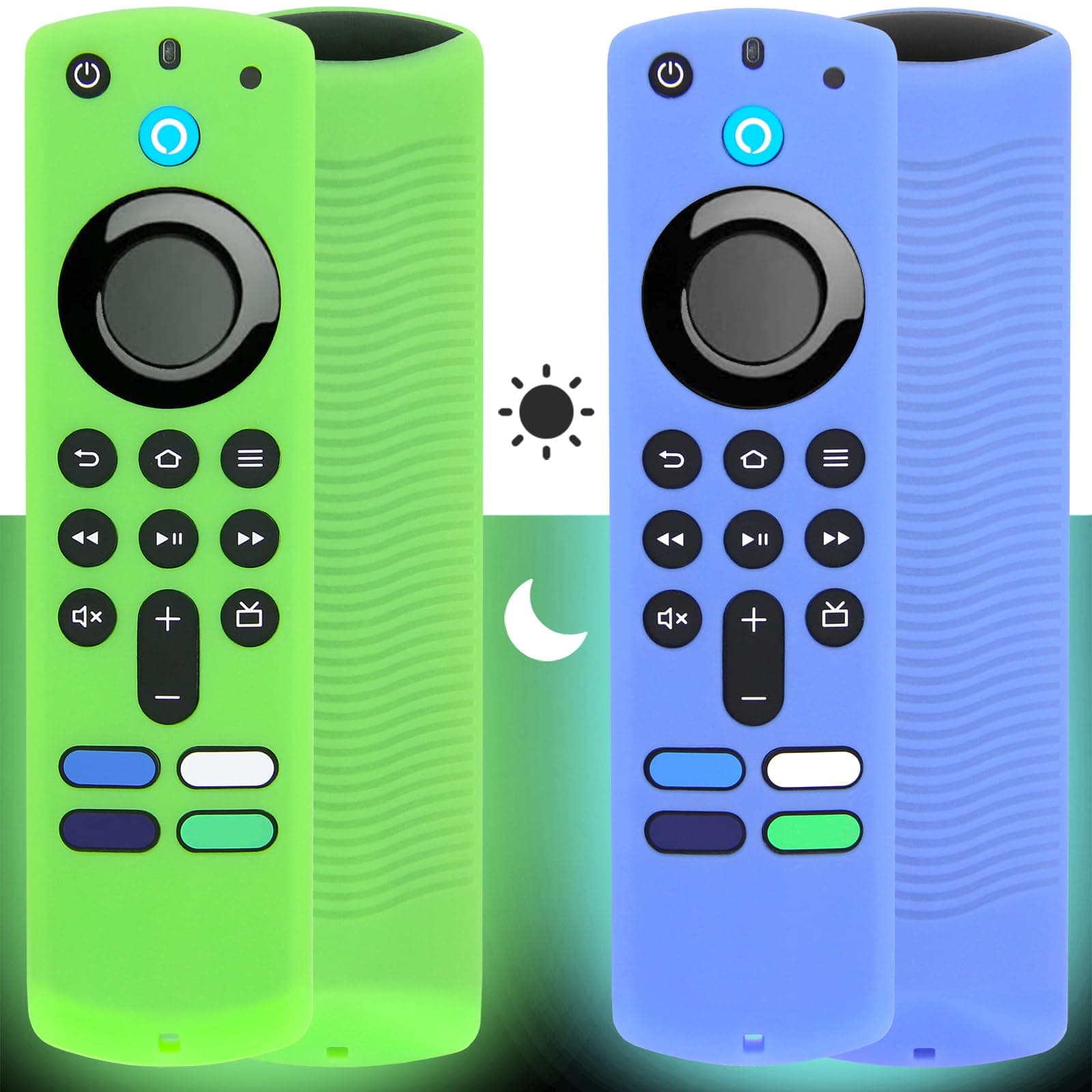 [2 Pack] Pinowu Firestick Remote Cover Case (Glow in The Dark) Compatible with Firetv Stick Alexa Voice Remote 3rd Gen, Anti Slip Silicone Sleeve with Wrist Strap (Green & Blue)