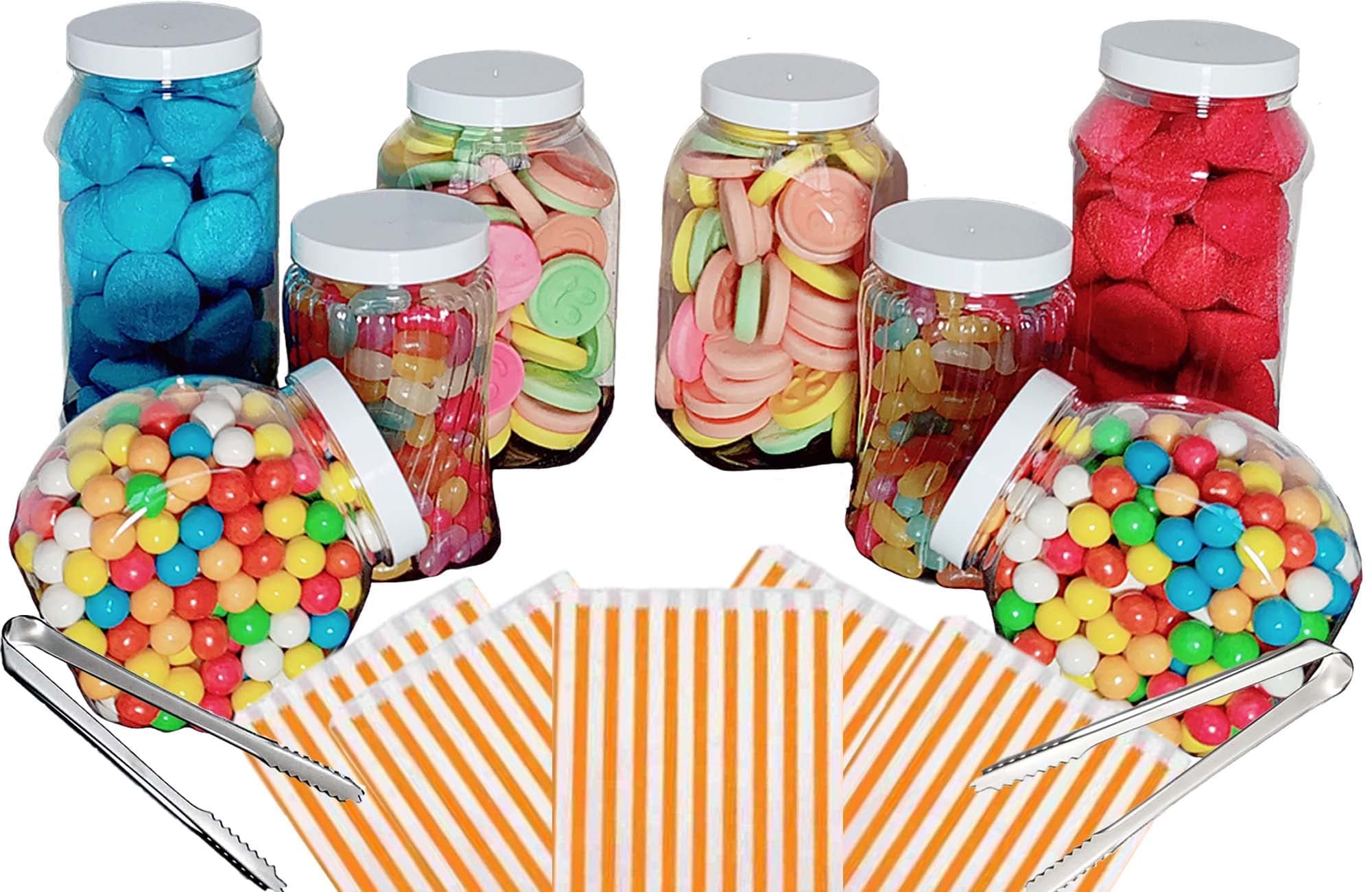 8 Empty Plastic Sweet Jars with white lid, 2 tongs and 50 bags, 11 colours to choose from - Simply add sweets to create your sweet table (Orange)