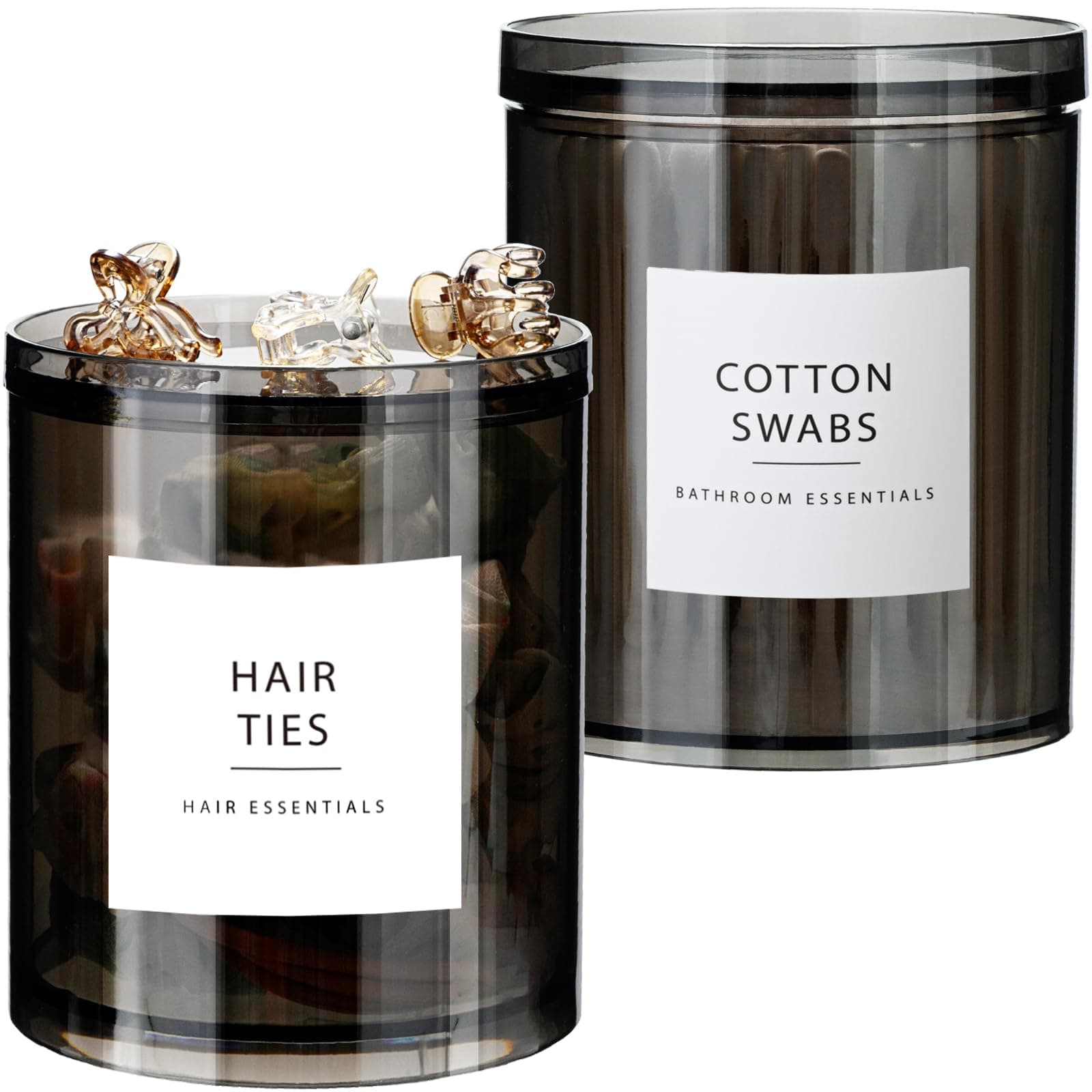 SheeChung 2-Pack Stackable Qtip Holder - 10oz Compact Black Apothecary Jars with Multifunctional Lids - Small Bathroom Vanity Organizer for Cotton Swabs, Balls, Floss Picks - Translucent Black