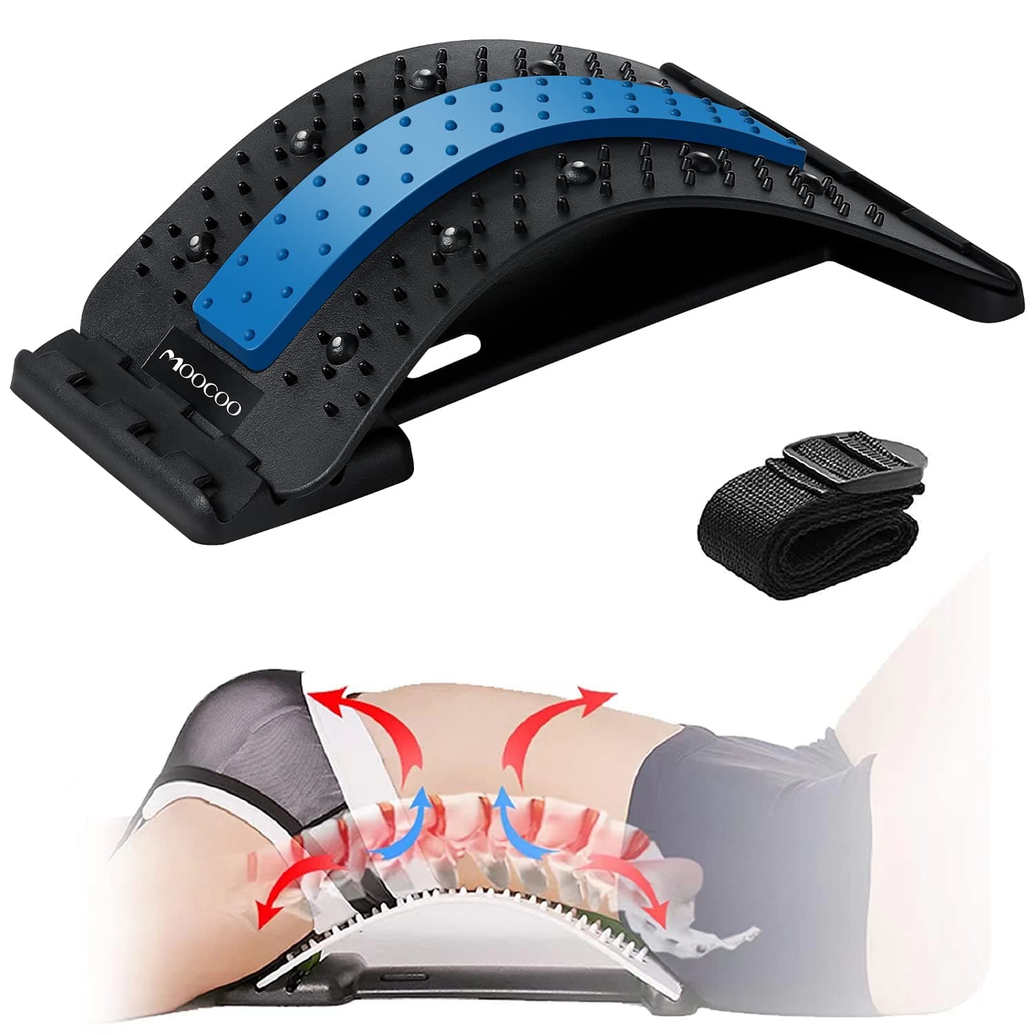 Back Stretcher, Moocoo Lower Back Pain Relief Device with Magnet, Multi-Level Back Cracker Back Massager, Lumbar Support Spine Board for Herniated Disc, Sciatica, Scoliosis (Z-Black)