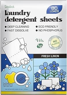 Soulink Laundry Detergent Sheets Up to 80 Loads, Eco Friendly Detergent Strips for Travel & Home - No Plastic Jug Soap sheets, Plant-based, Hypoallergenic. Safe for Sensitive Skin (Fresh Linen)