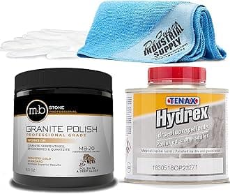 MB-20 Stone Granite Polishing Kit 8.5 Oz Granite Polishing Compound - Tenax Hydrex 1/4 Liter - 16x16 Microfiber Cloth - Gloves - Bundle - 4 Items
