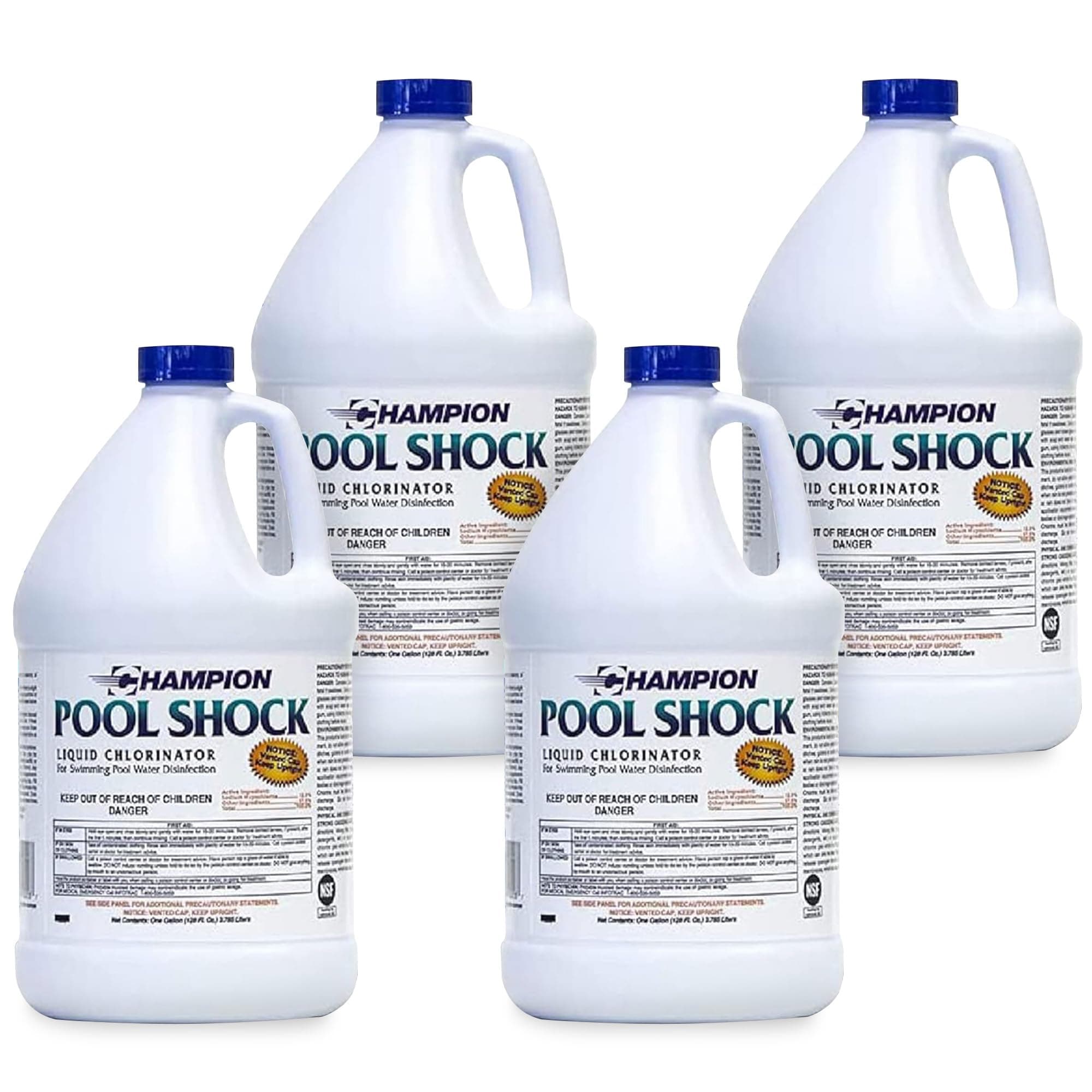 CPDI Champion 4-Pack Pool Shock Liquid Chlorine, 12.5 Sodium Hypochlorite, 1 Gallon – Ready-to-Use Treatment for Clear Water and Algae Control in Above Ground & Inground Swimming Pools