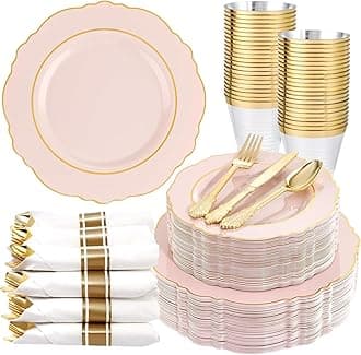 Liacere 350PCS Pink Plates Disposable-PinK Plates 50guest Baroque Plastic Dinnerware include 100Plates, 50Pack Pre Rolled Napkins with Silverware 50Cups Perfect for Wedding ＆ Easter Day