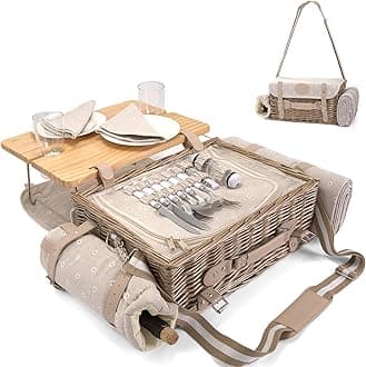Multifunctional Wicker Picnic Basket Set for 2 with Blanket and Picnic Table, Insulated Picnic Set with Full Tablewares for Camping Outdoor Couples, Flowers