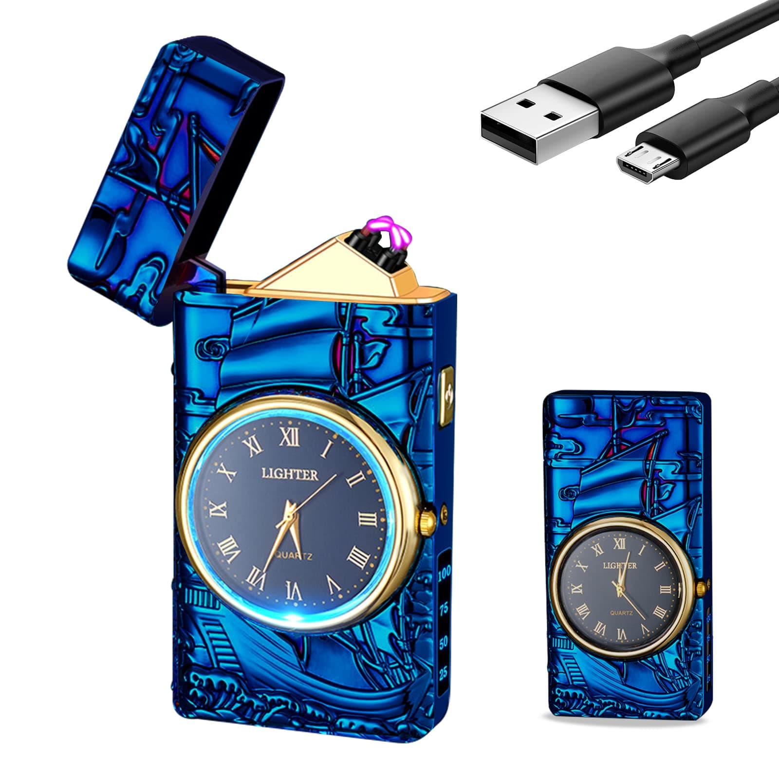 YOZWOO Plasma Lighter, USB Rechargeable, Electronic Lighter with Clock, Stylish, Totem of Eagle, Dual Arc Lighter with LED Lighting, Flameless Windproof Electric Lighter, Blue
